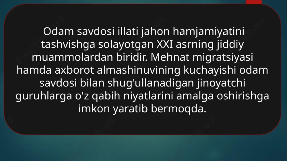 nglatadi”. bizga ma’lumki, o`zbekiston respublikasi konstitutsiyasining 13-moddasida, “o`zbekiston respublikasida demokratiya umuminsoniy printsiplarga asoslanadi, ularga ko`ra inson, uning hayoti, erkinligi, sha’ni, qadr-qimmati va boshqa daxlsiz huquqlari oliy qadriyat hisoblanadi” deyilgan. ularning huquq va erkinliklari davlat muhofazasida ekanligi belgilab berilgan. odam savdosi quyidagi xatti-harakatlarni o‘z ichiga oladi: a) odamlardan foydalanish maqsadida ularni jismoniy kuch ishlatish, ruhiy ta’sir ko`rsatish, aldash, firibgarlik qilish yo`li bilan o`g`irlash; b) o`g`irlangan yoxud aldangan odmlarni yollash, tashish, topshirish, yashirish yoki qabul qilish; v) shaxsning moddiy qiyin axvolga tushib qolganidan foydalangan xolda uni moddiy manfaatdor qilish yo`li bilan o`ziga og`dirib olish; g) odam savdosiga qulay shart-sharoit yaratish maqsadida hokimiyat vakolatini suiiste’mol qilish; d) odam savdosini amalga oshirish uchun fohishalardan foydalanish; e) bolalar va ayollardan odam savdosida foydalanish uchun ularning yaqinlarini (ota-onasi, xomiy yoki vasiylari, eri yoxud xotini yoki boshqa yaqin qarindoshlarini pul evaziga og`dirib olish; j) inson organlari yoki to`qimalarini ajratib olish; z) insonni erksiz yoki qullik xolatiga tushiradigan …