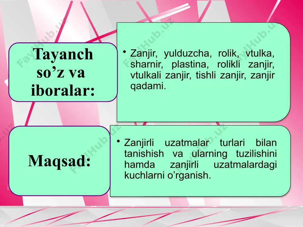 asofa a quyidagicha aniqlashtiriladi: uzatma me’yorda ishlashi uchun zanjirning salt tarmog‘i bir qadar solqilanib turishi lozim. shuning uchun yuqoridagi formula vositasida aniqlangan o‘qlararo masofa taxminan (0,002…0,004)a ga kamaytiriladi. zanjirli uzatmaning ishlashi mobaynida sharnirlarning yeyilishi zanjir uzunligining oshishiga sababchi bo‘ladi. zanjir solqiligini me’yorda saqlab turish uchun maxsus qurilmalarni ko‘zda tutish lozim bo‘ladi. qo‘shimcha taranglovchi yulduzchani ishlatish yoki vallarning birortasini suriluvchan qilib konstruksiyalash maqsadga yetkazadi. zanjir, yulduzchalarning tuzilishi va ular uchun ishlatiladigan materiallar yuritma zanjirlari. zamonaviy yuritma zanjirlarining asosiy rusumlari sharnir ko‘rinishidagi tarkibiy qisimlardan tuzilgan vtulka – rolikli, vtulkali va tishli zanjirlardir. ularning barchasi standartlashtirilgan bo‘lib, maxsus korxonalarda tayyorlanadi. zanjirlarning asosiy tavsiflariga uning qadami, eni va yemiruvchi yuklama qiymati kiradi. 2-rasm, a da bir qatorli; 2-rasm, b da esa ikki qatorli vtulka-rolikli zanjir tasvirlangan. 2-rasm. vtulka-rolikli zanjirning tuzilishi bunda valik 3 tashqi zvenoning 2 teshikchasiga mahkam press­langan, vtulka 4 esa ichki zveno 1 teshikchasiga presslangan. vtulka valikda va rolik 5 vtulkada erkin …