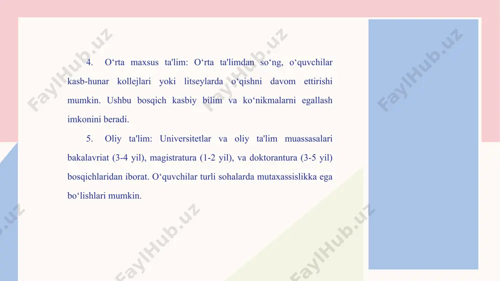 ladi, xususiy sektor esa o‘quvchi to‘lovlari va xususiy investorlar tomonidan qo‘llab-quvvatlanadi. 2. qayta tiklanish va moslashuvchanlik: xususiy maktablar va universitetlar davlat maktablariga nisbatan tezroq yangilanadi va moslashadi, chunki ular bozor talablariga tez javob bera olishadi. 3. sifat va imtiyozlar: xususiy ta'lim ko‘pincha yuqori sifat va kengroq imkoniyatlar taklif qiladi, ammo uning narxi ko‘proq bo‘lishi mumkin. ikki tilli ta'lim (bilingvizm) baada keng tarqalgan ta'lim shaklidir. bu tizimda o‘quvchilar ikki yoki undan ortiq tillarda ta'lim olishadi, asosan ingliz va arab tillari aralashadi. quyida ikki tilli ta'limning asosiy jihatlari keltirilgan: ikki tilli ta'limning afzalliklari: keng imkoniyatlar: ikki tilli ta'lim o‘quvchilarga global miqyosda muvaffaqiyatli bo‘lish imkonini beradi, chunki ular nafaqat o‘z ona tillarini, balki xalqaro tilni ham mukammal o‘rganishadi. 01 madaniy integratsiya: o‘quvchilar ikki tilda o‘qib, ikki turli madaniyatni o‘rganadilar, bu esa ularning dunyoqarashini kengaytiradi va intercultural (madaniylararo) kompetensiyalarni oshiradi. 02 ishga joylashish imkoniyatlari: ingliz tilidagi bilimlar o‘quvchilarga xalqaro bozor va kompaniyalarda ishlash imkonini …