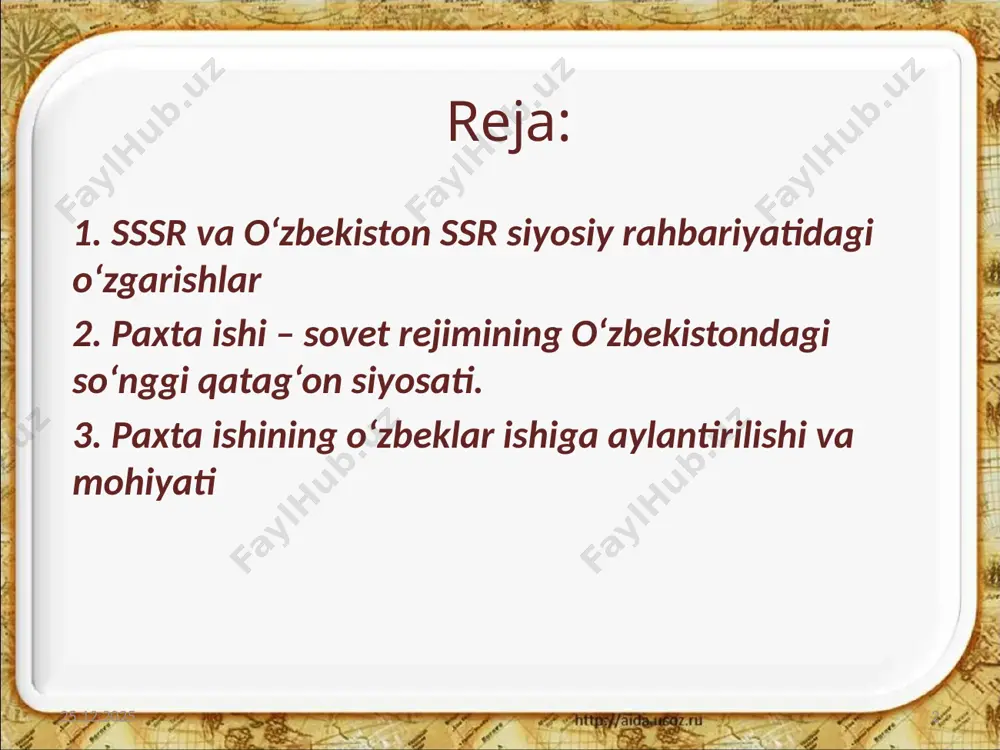 rtibot organlarining ko‘plab xodimlari katta yordam bergan. 01.03.2019 10 1985 – 1990-yillarda o‘zbekistonda “paxta ishi” degan uydirma bo‘yicha jami 40 000 kishi tergov qilindi, ularning aksariyati tergov izolyatorlarida prokuror sanksiyasisiz o‘tirdi, 5000 nafar kishi esa soxta ayblar bilan jinoiy javobgarlikka tortildi. 01.03.2019 11 paxta ishining o‘zbeklar ishiga aylantirilishi va mohiyati. 01.03.2019 12 markaziy matbuotda e’lon qilingan maqolalarda o‘zbek xalqi badnom etilib, paxta ishiga ataylab siyosiy tus berildi va u “o‘zbeklar ishi”ga aylantirildi. bu siyosiy kompaniyani o‘zbekistonning o‘sha paytdagi rahbarlari qo‘llab-quvvatlashdi. xullas, sovet rejimining paxta ishi oqibatida o‘zbekistonda minglab kishilar nohaq ravishda jazolandi. xalq xo‘jaligi sohalarida qo‘shib yozish, poraxo‘rlik va korrupsiyaga aloqador jinoyatlar sssrning deyarli barcha hududlarida yuz bergan bo‘lsa ham “tajriba maydoni” sifatida o‘zbekiston tanlandi. 01.03.2019 13 kommunistik mafkuraning qatag‘on qilichi bu bilan cheklanmasdan paxta ishini o‘zbeklar ishiga aylantirishga urindi. 01.03.2019 14 qatag‘on siyosatini amalga oshirishda markaz rahbariyati va vakillaridan tashqari o‘zbekistonning o‘sha paytdagi siyosiy rahbariyati, xalqimiz orasidan chiqqan hamda …