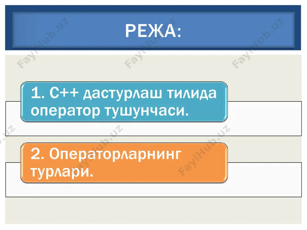 ушбу такрорланиш операторининг танаси қуйидагича do { //операторлар кетма – кетлиги } while (ifoda) бу ерда ифода шартли ифода бўлиб, унда цикл ўзгарувчисининг қиймати текширилади. бу жойда гулли қавсларнинг қўйилиши ихтиёрий. цикл қуйидагича ишлайди. аввал циклнинг танаси бажарилади. кейин ифоданинг қиймати текширилади. ифоданинг қиймати рост бўлса, цикл танаси яна бажарилади нотўғри бўлса циклнинг бажарилиши тўхтайди. do…while takrorlanish operatori int t=1, s=0; do { s=s+t; t=t+2; } while (t<=99) //2500 мисол. қуйидаги амални бажариш дастури тузилсин. s=1+3+…99