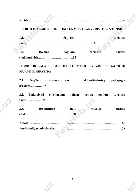 gil ko‘tara oladigan har tomonlama taraqqiy etgan shaxsning shakllanish jarayoniga aytiladi.o‘zbekiston respublikasining ijtimoiy va iqtisodiy taraqqiyoti o‘sib va rivojlanib borayotgan hozirgi davrda sog‘lom turmush tarzining ijtimoiy –gigienik mezonlarini aniq belgilab olishning ahamiyati juda kattadir. kurs ishining maqsadi: bolalarda sog‘lom turmush tarzi rivojlantirish ijtimoiy pedagogik muammo sifatida o’rganish kurs ishining ob’ekti: bolalarning sog‘lom turmush tarzi hisoblanadi. kurs ishining amaliy ahamiyati. salomatlik har bir insonning, shuningdek, butun jamiyatning bebaho boyligidir. bizga yaqin odamlar bilan uchrashganda va ular bilan xayrlashayotganda biz ularga doimo sog'lik tilaymiz, chunki bu to'liq va baxtli hayotning asosiy shartidir. kurs ishining predmeti: bolalarda sog‘lom turmush tarzi rivojlantirish mazmuni, shakli va metodlaridan foydalanish mazmuni. kurs ishining vazifalari: 1. sogʻlom turmush tarzini shakllantirishning pedagogik asoslari 2. imkoniyati cheklangan bolalar uchun sogʻlom turmush tarzi 3. bolalarning dam olishini tashkil etish 1. kurs ishining tarkibi va hajmi. kirish, 2 bob, 5 paragrif, xulosa va foydalanilgan adabiyotlar ro'yxatidan tashkil topgan. barcha ma'lumotlar jami 30 …