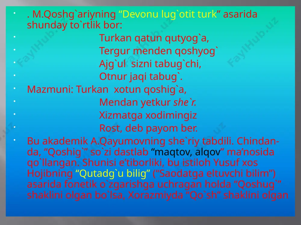 ; - turey – tureylar ; - churey – chureylar yoki churiyalar. ii. dehqonchilikka aloqador qo`shiqlar. bu tubandagi ichki xilma– xillikka ega: a) qo`shchi qo`shiqlari; b) o`rim qo`shiqlari yoki “yozilar”; c) yanchiq qo`shiqlari yoki ho`p maydalar; d) yorg`ichoq qo`shiqlari; e) bog`dorchilik yoki qo`riqchilik qo`shiqlari. iii. kasb–hunarga daxldor qo`shiqlar kasb–hunarga daxldor qo`shiqlar. bularni ham o`z navbatida dastlab uch ichki guruhga bo`lish mumkin, qolaversa, har bir guruh yana o`z ichki xilma–xil 1.to`quvchilik qo`shiqlari; a) urchuq qo`shiqlari b) charx qo`shiqlari c) urmak to`qish qo`shiqlari 2. tikuvchilik qo`shiqlari: a) kashtachilik qo`shiqlari; b) do`ppido`zlik qo`shiqlari; c) to`nduzlik qo`shiqlari. 3.sarboz qo`shiqlari. chorvachilikka aloqador qo`shiqlar qo`ylarni sog`ish va qo`zilarni emizish jarayonida kuylanadigan “turey-turey” qo`shiqlarida ona sovliqni madh etish, uni iydirishga qaratilgan erkalash motivlari yetakchilik qiladi. “turey-ture”lar ko`pincha qorako`lchilikda terisini olish uchun 3-4 kunligidayoq (barraligidayoq) so`yib yuborilgan qo`zichoqlarning onalarini sog`ish uchun kuylanad dehqonchilikka aloqador qo`shiqlar yanchiq qo`shiqlari yoki ho`p –maydalar. bu turkumga kiruvchi mehnat qo`shiqlari xalq o`rtasida “ho`p …