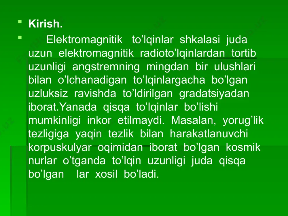 lgan gradatsiyadan iborat yanada qisqa to’lqinlar bo’lishi mumkinligi inkor etilmaydi. . masalan: yo rug’lik tezligiga yaqin tezlik bilan harakatlanuvchi korpuskulyar oqimidan iborat bo’lgan kosmik nurlar o’tganda to’lqin uzunligi juda qisqa bo’lgan nurlar hosil bo’ladi. ektromagnitik to’lqinlarning butun shkalasi to’g’risida tasavvur beradi. diagrammaning ustki qismidagi angstrem hisobida ifodalangan to’lqin uzunliklari , pastki qismida to’lqinlar nomi yozib qo’yilgan . sohalarning bir-birini qisman qoplashi sohalarga bunday bo’lishning naqadar shartli ekanligini ko’rsatadi. shkalaga yozilgan to’lqin uzunliklarining diapozoni nihoyatda katta bo’lishi tufayli shkala logarifmik masshtabda tasvirlanadi. infraqizil nurlar . infraqizil nurlar elektromagnit to’lqinlar shkalasida radioto’lqinlar va ko’zga ko’rinuvchi qizil yorug’lik o’rtasida joylashgan. uning to’lqin uzunligi 2 mm dan 760 nm gacha oraliqda bo’ladi. bu nurlarning chastotasi qizil nurnikidan kichikroq bo’lgani uchun infraqizil , ya’ni qizildan pastroq chastotali deb nomlangan. u 1800- yilda ingliz olimi v. gershel tomonidan kashf qilingan bo’lib , juda katta energiyaga ega. bu nurlar tushgan joyini juda qattiq qizdiradi va shu sababli …