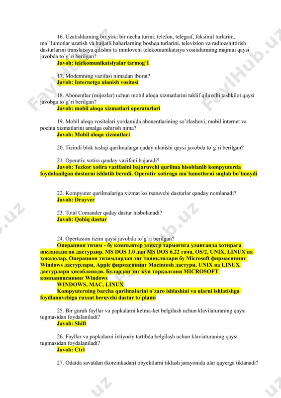 radioeshittirish dasturlarini translatsiya qilishni ta`minlovchi telekomunikatsiya vositalarining majmui qaysi javobda to`g`ri berilgan? javob: telekomunikatsiyalar tarmog`i 17. modemning vazifasi nimadan iborat? javob: internetga ulanish vositasi 18. abonentlar (mijozlar) uchun mobil aloqa xizmatlarini taklif qiluvchi tashkilot qaysi javobga to`g`ri berilgan? javob: mobil aloqa xizmatlari operatorlari 19. mobil aloqa vositalari yordamida abonentlarining so’zlashuvi, mobil internet va pochta xizmatlarini amalga oshirish nima? javob: mobil aloqa xizmatlari 20. tizimli blok tashqi qurilmalarga qaday ulanishi qaysi javobda to`g`ri berilgan? 21. operativ xotira qanday vazifani bajaradi? javob: tezkor xotira vazifasini bajaruvchi qurilma hisoblanib kompyuterda foydalanilgan dasturni ishlatib beradi. operativ xotiraga ma`lumotlarni saqlab bo`lmaydi 22. kompyuter qurilmalariga xizmat ko`rsatuvchi dasturlar qanday nomlanadi? javob: drayver 23. total comander qaday dastur hisbolanadi? javob: qobiq dastur 24. opertasion tizim qaysi javobda to`g`ri berilgan? операцион тизим - бу компьютер электр тармоғига уланганда хотирага юкланадиган дастурдир. ms dоs 1.0 дан ms dоs 6.22 гача, os/2, unix, linux ва ҳoказолар. операцион тизимлардан энг таниқлилари …