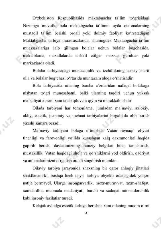ismini tartibli (sistemali)o‘qitish egallaydi, bun-dan tashqari kunning ikkinchi qismida ham mamum vaqtni dars-larni tayyorlashga ajratish kerak. maktabda bolao‘z xohishi va qiziqishi bilan tanlagan mashg‘ulotlar chegaralangan. bola maktab tartibi va darslar jadvaliga bo‘ysunishi kerak. har qanday ob-havoda bola maklabga vaqtida kclishi,o‘quv qurollarini olib kelishi, maktab ta’lim sharoitlariga ko‘nikishi kerak. darslarda ma’lum vaqt tinch o‘tirib, diqqatini bir joyga jalb qilib ishlashi tanaffusda esa nisbatan qisqa vaqt ichida o‘z kuchlarini tiklab olishi kerak boladi. shunday qilib, maktab hayotiga jismoniy va ruhiy jihatdan o‘rganish uchun bola eng avval sog‘lom, jismoniy chiniqqan va chidamli boiishi kerak. sistemali ta’lim uchun bolaning aqliy rivojlanishi, ya’ni, aniqrog‘i, maktabga umumiy ruhiy tayyorgarligi muhim deb hisoblanadi. bola birinchi sinfda uchta fan (o‘qish, yozuv va matema-tika)ning asoslarini, tabiat va jamiyat to‘g‘risida oddiy bilimlarni egallaydi. bola odamlar, jismlar va tevarak-atrofdagi hodisalar haqida ma’lum tasavvur bilan maktabga kelishi kerak. bolaning o‘quv materialni o‘zlashtirishi va ta’limning bola qobiliyatlariga mos kelishi uning aqliy faoliyatiga bog‘liq …