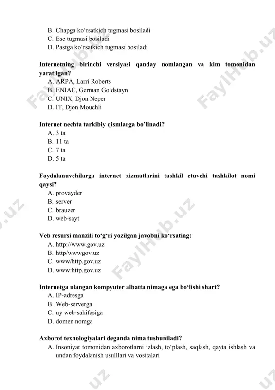 b. elektron raqamli imzo ochiq kaliti egasi c. elektron raqamli imzo egasi d. elektron raqamli imzo egasi axborot tizimi tarkibidagi elektron shakldagi axborot, ma’lumotlar banki, ma’lumotlar bazasi qanday nomlanadi? a. axborot resursi b. kompyuter tizimi c. axborot texnologiyasi d. axborot tizimi axborotni to‘plash, saqlash, izlash, unga ishlov berish hamda undan foydalanish imkonini beradigan, tashkiliy jihatdan tartibga solingan jami axborot resurslari, axborot texnologiyalari va aloqa vositalari qanday nomlanadi? a. axborot tizimi b. axborot resursi c. axborot texnologiyalari d. axborotlarni qayta ishlash “elektron hujjat aylanishi to‘g‘risida”gi o‘zbekiston respublikasi qonunining asosiy maqsadi: a. elektron hujjat aylanish sohasidagi munosabatlarni tartibga solish b. elektron tijorat sohasidagi munosabatlarni tartibga solish c. axborotlashtirish sohasidagi munosabatlarni tartibga solish d. telekommunikatsiyalarni yaratish, ishlatish va rivojlantirish sohasidagi ijtimoiy munosabatlarni taribga solish ”elektron hukumat” nima? a. axborotlarga elektron ishlov berish, uzatish va tarqatish vositalari asosida davlatni boshqarish tizimi b. axborotlarni uzatish va tarqatish vositalari asosida davlatni boshqarish c. telekommunikatsiya vositalari yordamida …
