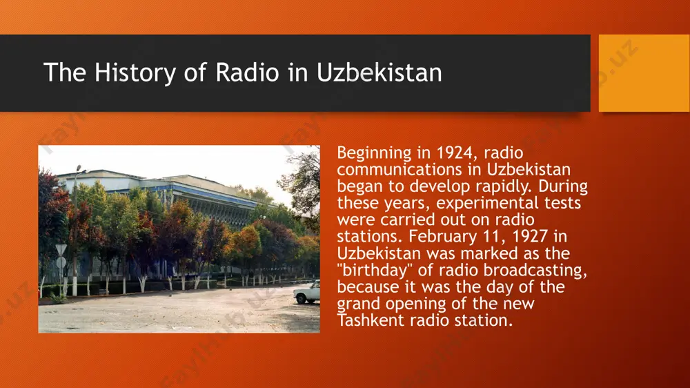 ess. starting with semi-professional equipment and several hours of airtime, today the tv and radio company uses professional digital format equipment in its work and broadcasts 24 hours a day. radio “oriat dono” one of the most popular radio channels in uzbekistan is oriat dono. oriat dono radio station was founded on december 17, 2000. broadcasts are on fm 106.5 in tashkent city and region, syrdarya, samarkand and bukhara regions, and on fm 102.4 in fergana, andijan and namangan regions. radio “oriat dono” one of the most popular commentators on the radio channel in uzbekistan, khayrulla khamidov, is broadcasting "football plus". thank you for your attention! image2.png image3.png image4.jpg image5.jfif image6.jpg image7.jpg image8.jpg image9.jfif image10.jpg image11.jpg image1.png /docprops/thumbnail.jpeg