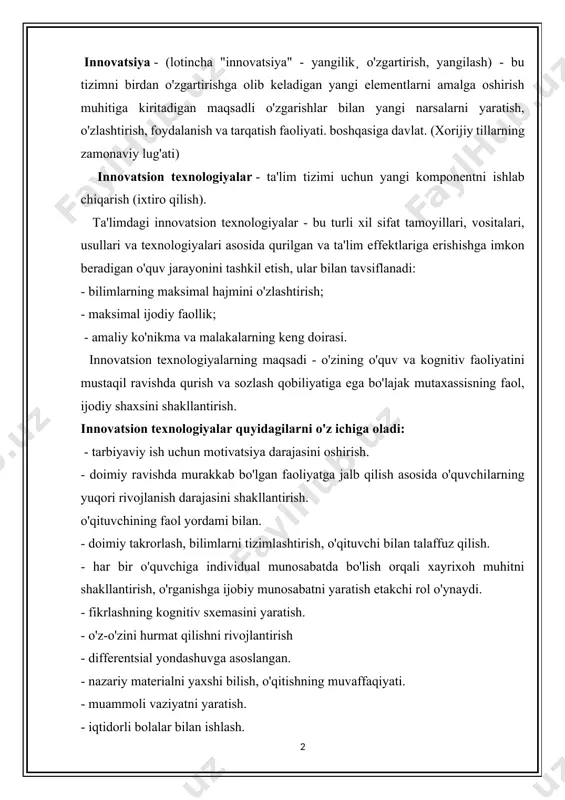 i. - muammoli vaziyatni yaratish. - iqtidorli bolalar bilan ishlash. “ta’lim” ustuvor milliy loyihasida innovatsion yo‘nalishlar yoki zamonaviy ta’lim texnologiyalari quyidagilardan iborat: - ta'limni rivojlantirish; - muammoli ta'lim; - ko'p bosqichli o'qitish; - jamoaviy ta'lim tizimi; - masalani yechish texnologiyasi; -tadqiqot o‘qitish usullari; - loyihani o'qitish usullari; - modulli o'qitish texnologiyalari; - ta'limning ma'ruza-seminar-test tizimi; - o'qitishda o'yin texnologiyalaridan foydalanish (rolli, biznes va boshqa turdagi o'quv o'yinlari); - hamkorlikka o'rgatish (jamoa, guruh ishlari); - axborot-kommunikatsiya texnologiyalari; - salomatlikni tejaydigan texnologiyalar. har bir o'qituvchi, hatto qarz olish bilan shug'ullansa ham, texnologiya yaratuvchisidir. ijodkorliksiz texnologiyani yaratish mumkin emas. o'qitishning ustuvor yo'nalishi talabalar tomonidan ma'lum miqdordagi bilim, ko'nikma va ko'nikmalarni rivojlantirish emas, balki o'quvchilarning mustaqil ravishda o'rganishi, bilimlarni egallashi va ularni qayta ishlay olishi, keraklilarini tanlab olishi, ularni mustahkam yodlashi bo'lishi kerak. , va ularni boshqalar bilan bog'lang. shundagina o‘quvchida bilimga chinakam qiziqish uyg‘onishi mumkin. agar biz hozir o‘quvchilarda bilimga bo‘lgan ehtiyojni shakllantirishga …