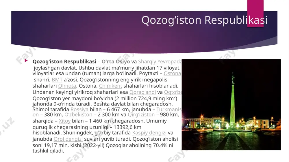 eksporti 2012-yilda 86,4 milliard dollarga yetgan. keyinchalik, 2015-yilda qozogʻiston eksportining qiymati 2014-yilga nisbatan qariyb ikki baravar kamaydi. eksportning xuddi shunday keskin pasayishi faqat 2009-yildagi inqiroz yilida kuzatildi. 2016-yilda eksport oʻz pasayishini davom ettirdi va uning hajmi 2007-yil darajasidan pastga tushdi. 2011-yildan 2013-yilgacha eksport koʻrsatkichi darajasi deyarli oʻzgarmadi. qozogʻiston respublikasi tovarlari eksporti 2016-yil yakuni boʻyicha 36,8 milliard aqsh dollarini tashkil etdi. oʻzbekiston — qozogʻiston munosabatlari — izchil rivojlanmoqda. qozogʻiston oʻzbekistonning muhim savdo sheriklaridan biri boʻlib, oʻzbekiston respublikasi bilan markaziy osiyo davlatlari oʻrtasida ayirbosh qilinadigan mahsulotlarning yarmi uning hissasiga toʻgʻri keladi. shunga qaramasdan, ikki davlat oʻrtasida savdo-iqtisodiy munosabatlarni yanada rivojlantirish uchun ishga solinmagan imkoniyatlar koʻpdir. qozogʻiston bilan ikki tomonlama hamkorlik, shubhasiz, mintaqada barqarorlikni taʼminlash va dolzarb masalalarni birgalikda va samarali hal etishga xizmat qiladi. 2005-yilgacha ikki davlat oʻrtasida ikki tomon uchun ahamiyatli boʻlgan 166 hujjat imzolangan. 2004-yil oʻzbekiston respublikasi bilan qozogʻiston oʻrtasidagi tovar aylanmasi 425,9 mln. aqsh dollarini, jumladan, eksport 184,7 mln. …