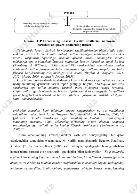 ech qanday ma’lumot bermaydilar. o‘qituvchining palapartish yo‘riqlar berish yondashuvining samaradorligi talabalar o‘quv faoliyatini oshirishga yo‘naltirilgan metod va strategiyalardan sezilarni darajada past (beghetto, kaufman, 2010; kirschner, sweller, clark, 2006). vaholanki, talablarda fikrlash ko‘nikmasi bo‘yicha yo‘riqlarni aniq va tushunarli yetkazib berish uchun o‘qituvchi (tanqidiy, kreativ) fikrlash usullari, ko‘nikmalarni samarali shakllantitrish yo‘llari bilan talabalarni tanishtirish, orqali talabalar o‘quv faoliyatini nazorat qilish va uni yo‘naltirishi lozim”12. mualliflar tomonidan bildirilgan fikrlarning misollar yordamida yoritilganligi o‘qituvchi va talabalarning kreativ fikrlash jarayonini tashkil etish to‘g‘risidagi fikrlarini oyinlashtirishga yordam beradi. “m: talabalar “immigratsiya hodisasining mohiyati”ni “aqliy hujum” strategiyasi asosida o‘rganish jarayonda, eng avvalo, strategiyaning o‘zi nimaligini, uni qanday qo‘llash zarurligi haqidagi tushunchalarga ega bo‘lishlari lozim” .pedagoglarning kreativligini ifodalovchi belgilar va tamoyillar. talabalarni kreativ fikrlashga o‘rgatish, ularda kreativ tafakkurni shakllantira olish uchun avvalo o‘qituvchining o‘zi kreativ, ijodkor shaxs bo‘lishi zarur. bordi-yu, uning o‘zi kreativlik sifatlariga ega bo‘lmasa, u holda qanday qilib, talabalarni kreativ fikrlashga rag‘batlantira oladi. chiqariladigan yagona xulosa …