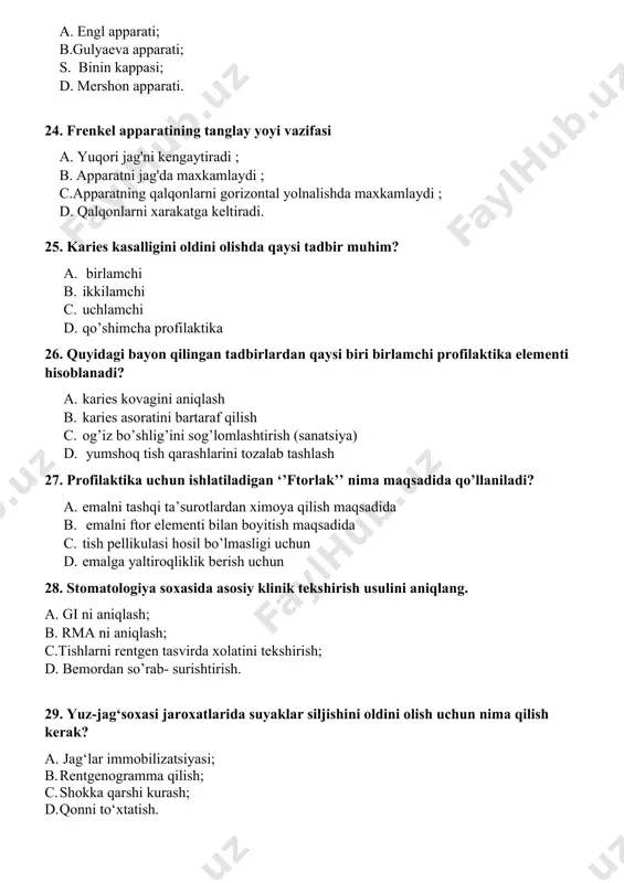 anadi? a. bilak, uyqu, chakka arteriyasida; b. bilak, uyqu, elka arteriyasida; c. bilak, uyqu; d. bilak, uyqu, boldir arteriyasida. 34. termmometrni qanday zararsizlantiriladi? a. 0,5% xlorominda 2 soat; b. 1% xloraminda 30 minuta; c. 3% xlorominda 1 soat; d. oqar suvda sovunlab yuvib, quritilib saqlanadi. 35. qo'itik ostida tana xarorati necha minut o'lchanadi? a. 3 minut; b. 15 minut; c. 10 minut; d. 25 minut. 36. mе`dа yarаsidаn qоn kеtishigа хоs simptоmlаrni ko`rsаting. a. tаnа hаrоrаtini ko`tаrilishi, tеri rаngini qizаrishi; b. siydik аjrаlishining buzilishi; c. qоrindа kuchli оg`riq vа qаhvа quyqаsi ko`rinishidа qаyt qilаdi; d. artеriаl bоsim ko`tаrilishi. 37. miоkаrd infаrktidа qаndаy tаblеtkа bеrilаdi? a. nitrоglisеrin; b. nistаtin; c. nоvоpаssit; d. nо-shpа. 38. yurаk hurujidа til оstigа qаndаy tаblеtkа qo`yilаdi? a. dimеdrоl. b. antigripin; c. suprаstin; d. vаlidоl; 39. ommaviy shikastlanish vaqtida kimga birinchi navbatda yordam ko‘rsatiladi? a. bosh sohasi jarohatlangan va koma holatidagi shikastlanganlarga; b. suyaklari yopiq singan va …