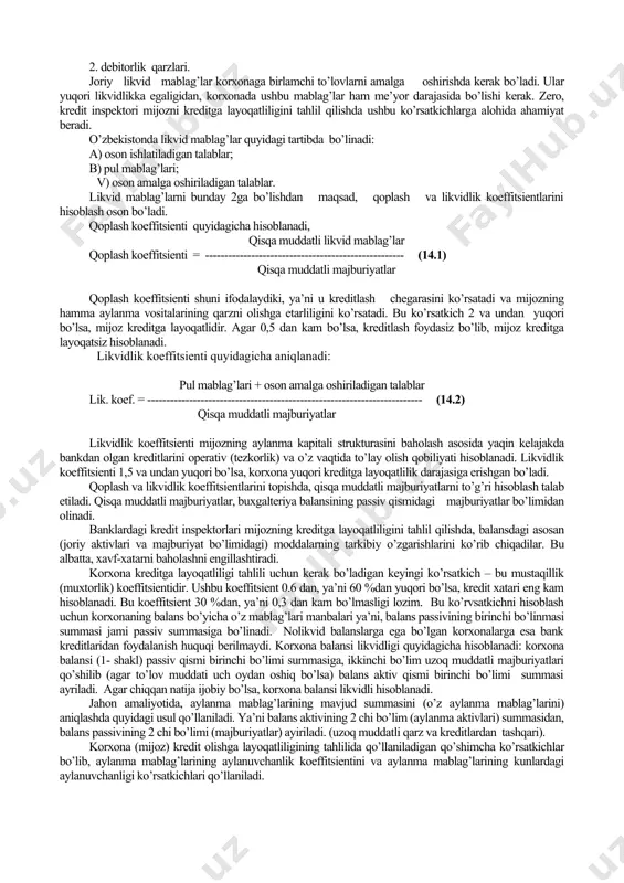 da, mijozning kreditga layoqatliligini tahlil qiladilar. bank mijozi kreditga layoqatligi deganda mijozning o’z qarz majburiyatlari bo’yicha to’liq va o’z vaqtida hisoblashish qobiliyati tushiniladi. mijozning kreditga layoqatlilik darajasi banklar uchun juda zarur, chunki har bir berilgan kredit risk bilan bog’liq. agar bank riskni hisobga olmasa, kredit o’z vaqtida qaytmasligi yoki umuman to’lanmasligi mumkin. shu sababli, banklar o’z mijozlari moliyaviy holatini, to’lovga qobilligini va albatta, kreditga layoqatliligini tahlil qiladi. jahon amaliyotida, xususan aqshda banklar tomonidan, mijoz kreditga layoqatliligini baholashda "five c", "besh si" qoidasi ishlatiladi. ular quyidagilar: · character (mijoz xarakteri); · capacity (moliyaviy sharoiti); · capital (kapital yoki mol-mulk); · colletarial (ta’minlanganlik); · conditions (umumiy iqtisodiy vaziyat). mijoz xarakteri deganda, uning yuridik shaxs sifatida reputatsiyasi, ma’suliyatliligi, olingan qarzni to’lashga xohishi va tayyorlik darajasi tushiniladi. mijoz moliyaviy sharoiti yoki qobiliyati deganda, mijozning kreditni qaysi manbalardan qoplashligi tushiniladi. odatda korxonada quyidagi 3 manbalar mavjud: · joriy kassa tushumlari; · aktivlarni sotishdan tushgan tushum; …