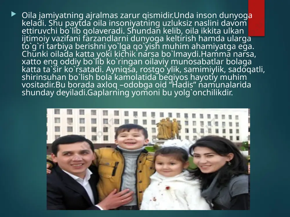 asi maktab, oila jamoatchilik va mehnat jamoalarning hamkorligida olib borilsa, tarbiyada ko`zlangan maqsadga erishish mumkin. shu bois keyingi paytlarda mahalla-kuylarda, turar joylarda olib borilayotgan tarbiyaviy ishlarning ko`lami ancha kengaydi. . yaqinda jumhuryatimizda madrasalar qoshida yoshlarni adolatli, iymonli, ihlosmand, axloqli qilib tarbiyalash maqsadida o`qishlar tashkil etildi. o`qish dasturi aynan yoshlarni “qur`on karim” va “hadis sharif “ rivoyatlari bayoni asosida tarbiyalashni ko`zlaydi. ota-ona farzandiga qancha qilsa ham oz, lekin farzand ham ota-onani hurmat qilishi lozim. bu haqda qadimgi hikoytlarda quyidagicha yoziladi. ey farzand! aql yuzasidan bilginki ota-onaning izzat va hurmatini bo`yinga olish lozimdir. chunki farzandning asli ota-onadir. nima uchun ota-onani hurmat qilaman deb ko`ngilga keltirma. bilginkim ular sening uchun o`limga ham tayyordirlar. agar har farzand aqlli va dono bo`lsa ota-onaning mehru-muhabbatini ado etishdan bosh tortmaydi.ota-onaning ishi seni parvarish qilish va senga yaxshilik o`rgatishdir. ey farzand! ota-onaning ko`nglini sira ham ranjitma.ularning qalbini azoblama.sen ota-onaning haqiga din nuqtai nazaridan rioya qilmasang, ham aql va …