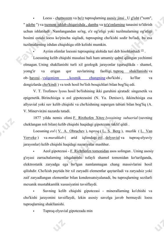 ἄlejurun - un va lithos - toshdan) qattiq cho'kindi jinsdir . litifikatsiya jarayonida loydan hosil bo'ladi . 0,01-0,1 mm kattalikdagi (boshqa ma'lumotlarga ko'ra - 0,005-0,05 mm) tartibsiz shakldagi donalardan iborat. tarkibiy zarrachalarning shakliga ko'ra alevolining uchta navi mavjud: qo'pol taneli, tengsiz va nozik taneli [1] . alevrittoshning asosini kvarts tashkil etadi, dala shpati zarralari , gil minerallari ham bo'lishi mumkin , ba'zida karbonatlar va temir gidroksidlari mavjud. alevrittosh asosan tsement ishlab chiqarish va bog 'yo'llari uchun qazib olinadi. u tosh ko'mir qatlamlari orasidagi ko'mir konlarida topilishi mumkin . alevrittosh alevrittosh jismoniy xususiyatlar rang kulrang, quyuq kulrang, jigarrang, qizil, yashil rangli kulrang zichlik 1,8-2,6 g/sm³ qattiqlik mohs shkalasi bo'yicha 6 gacha, 460-2200 mpa (l.a. shrayner bo'yicha) kvars asosan kvartsdan tashkil topgan metamorfik jinsdir . oq, kulrang yoki qizg'ish rangdagi kuchli va bardoshli tosh [1] , ishlash juda qiyin. jismoniy xususiyatlar : · bosim kuchi 100-450 mpa, · quyma zichlik, o'rtacha: 2,6 …