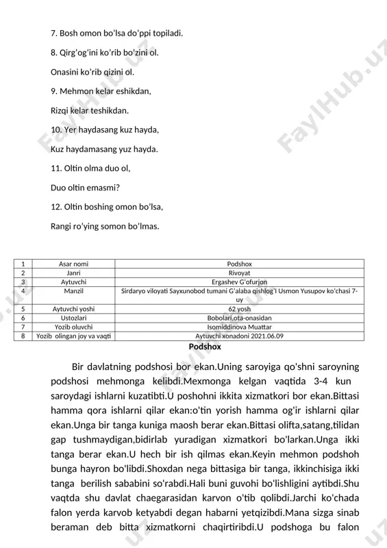 an ekan.ikkita g'ozchi deyishsa,mana ikkoving kelib patini yulib oldim-ku degan ekan. haqiqat yo’lidagi yaxshilik podshoxning 3 ta o'g'li bor ekan.qarigan podshox bolalariga aytibdi."mana topganim shuncha pul,shuncha davlat uchalanga teng bo'lib beraman"-debdi. uch o'g'liga qanday sarflashlarini ko'rish maqsadida saroydan chiqazib yuboribdi. ma'lum muddat o'tibdi.birinchi o'g'li bir yurtga borib,yer olib imorat qurib kelibdi.sal o'tib ikkinchi o'g'li ham kelibdi. u ham birinchi akasining yo'lidan yuribdi.bu haqida otasiga aytib beribdi.oradan bir yil o'tibdi kenja o'g'li dan habar yo'q emish.oxiri bir kuni kelibdi. uning nega kech qolganini ota sorabdi. kenja o'g'li qo'shni yurtning devoridan oshgan vaqtim olmalar pishib yerga to'kilganini ko'rganligini vq shu olmadan bitta uzib yeganini, va egasining ruxsatisiz olma yeganiga attang qilhmganligini aytibdi.orqasiga qaytib saroy egasi bilan uchrashibdi va beruxsat olmasidan yeganligini aytibdi.shunga rozilik olmoqchi bo'lgan vaqtda u kishi noroziligini aytibdi."qanday sizni rozi qilay"-desa yigit,shunda u kishi "1 yil menikida qul bo'lib ishlaysan" debdi.yigit rozi bolibdi.yigit bir yil saroyda hizmat qilibdi.muddati tugagan yigit …