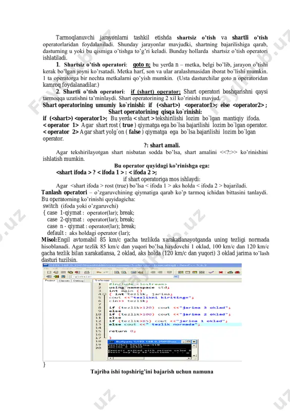 {float x, y1, y2, y3; cout > x; if ( x 4) y3=log(x/(x+5))+5.6; cout =2 && x using namespace std; int main() { for (int i = 1; i 4               5 ln6,5 sin1 cos 2 12 x x xx xe y x return 0; } ekranda quyidagicha natija hosil bo'ladi: quyidagi rasmda for sikl operatori batafsil berilgan. misol. n natural soni berilgan. birdan n gacha bo`lgan sonlar yig`indisini hisoblovchi programma tuzilsin #include using namespace std; int main() { int n, s = 0; cout > n; for (int i = 1; i va da zarur bo'lgan o'rinda vergul bilan ajratib yozish mumkin. #include using namespace std; int main() { int n; cin>> n; for (int i = 1, j = 1; i >n; do s+=i++; while (i using namespace std; int main() { int i = …
