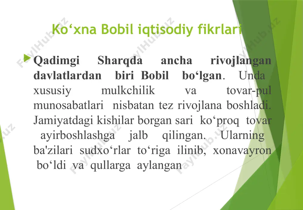 ning fikrlari uning shogirdlari yozib qoldirgan («suhbat va mulohaza») to‘plamida aks ettirilgan. uning fikricha, mehnat ham kishilarning, ham davlatning boyligini ko‘paytiradi. konfutsiy talimotiga ko‘ra, bilimdon hukmdor - u «xalqning otasi», «to'g'ri amal qilishning» va boylikni ancha tekis taqsimlashning kafolati. zardo‘shtiylik (avesto)dagi iqtisodiy g'oyalar zardo‘shtiylik dinining muqaddas kitobi hisoblangan «avesto» . olingan ma‘lumotlarda «avesto» kitobining muallifi zardo‘sht (m. av. 589–512-y.) bolganligi qayd etiladi. u markaziy osiyo hududida faoliyat ko‘rsatgan ilohiyotchi, faylasuf, shoir va tabiatshunos olim bo‘lgan «avesto»da «avesto»da yer, suv, havoni bulgash, ifloslantirish og‘ir gunoh hisoblanadi. bunday ibratli tasdiqlash bugungi avlodlarni ham tabiatga, atrof-muhitga aslo vahshiyona munosabatda bo‘lmaslikka chorlaydi. kitobda ijtimoiy-iqtisodiy muammolar aks ettirilgan holda shunday deyiladi: «yomon ovqatlangan xalq na yaxshi, kuchli ishlovchilarga va na soglom baquvvat bolalarga ega boladi… yomon ovqatlanishdan odob-axloq ham aynib ketadi. «avesto»da yer dumaloq «avesto»da yer dumaloq shaklda yaratilganligi, uning atrofi okeanlar bilan o‘ralganligi haqida yozilgan. unda 16 mamlakatning nomi ko'rsatilgan bo‘lib, ulardan to‘qqiztasi (masalan, …