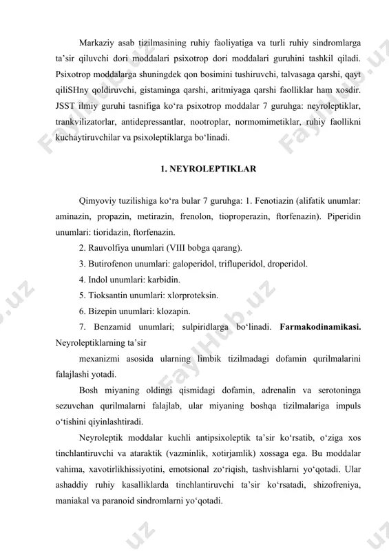 dorilar samaradorligini oshiradi. miyaning to‘rtinchi qorinchasida joylashgan trigger zonasi impulslarini falajlab, qayt kilish va hiqichoq tutishini yo‘qotadi. tana temperaturasini pasaytiradi. yurak qontomirlariga ta’sir qilib qon bosimini pasaytiradi, yurak urishlar sonini ko‘paytiradi; periferik qon tomirlari qarshiligini kamaytiradi, yurak ritmi buzilishlarini normallashtiradi, o‘pka qontomirlar tonusini pasaytiradi, oshqozon shirysi ishlab chiqarylyshiyy va 1pyra yyslotaliligini kamaytiradi. yallirlanish mediatorlari gistamin, serotonin, bradikinin faolligini susaytirib yallig‘lanishga qarshi va antiekssudativ ta’sir ko‘rsatadi. buyraklar qon aylanishini kamaytiradi. qonda qand miqdorini ko‘paytiradi. og‘riq qoldiruvchi, silliq muskullar tonusini susaytiruvchi ta’sir ko‘rsatadi. neyroleptiklarning yuqorida sanab o‘tilgan farmakologik faollik darajasi va uning davomiyligi ularning miqdoriga va ishlatilish muddatiga bog‘liq. neyroleptiklarning asosiy faollik xususiyatlaridan biri, ularning tinchlantiruvchi (sedativ) faolligi quyidagi tartibda kamayib boradi (37jadval): xloprotikon = etapirazin>tizersin>triptazin = galoperidol>tioridazin>neuleptil = mapsetil>frenolon = meterazin. 37j a d v a l neyroleptiklarsing solishtirma faolligi preparatlar antipsixotik faolligi (shartli birlik) tinchlantiruvchi (sedativ) ta’siri ekstrapiramid reaksiyalarni susaytiruvchi ta’siri antixolinergik ta’&iri xlorpromazin 1 + + + + + …