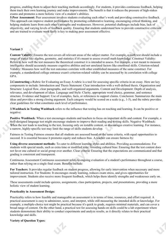ed on students' test results and assessments. difference between formative and summative assessments formative assessment is ongoing and takes place during the learning process. its main purpose is to monitor student learning and provide feedback that can help improve learning before the final evaluation. example: a teacher giving quizzes, asking for student reflections, or conducting in-class discussions to gauge understanding. summative assessment occurs at the end of a learning period and is used to evaluate the overall success or achievement of learning objectives. it typically results in a final grade or score. example: a final exam, end-of-term project, or standardized test. principles of assessment the principles of assessment ensure that it is fair, valid, reliable, and meaningful. key principles include: fairness: assessments should be free from bias and accessible to all students.validity: assessments should measure what they are intended to measure.reliability: results should be consistent and dependable.clarity: the criteria for …