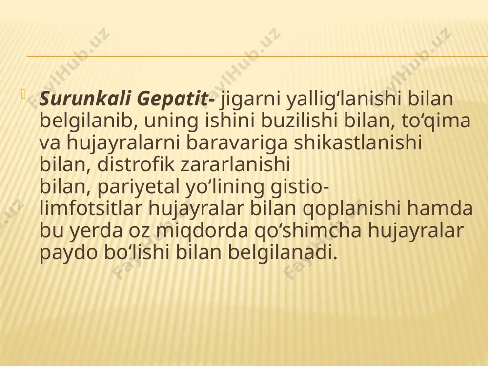 payib, albuminning kamayganligi va gamma-globulinning ko‘payganligi aniqlanadi. boshqa analizlar deyarli o‘zgarmaydi. surunkali aktiv gepatit xastalikning og‘ir turi bo‘lib, bemorlar qorinning o‘ng tomoni og‘rishidan, harorati ko‘tarilishidan, ko‘ngil aynib, safro qusishdan, og‘iz qurishdan, quvvatsizlikdan, ishtaha yo‘qolishidan shikoyat qiladilar. qorinni paypaslaganda jigarni og‘rig‘i kuchayib, pastga 5-6 sm.ga siljigani, kattiqlanishi, pastki qism dumaloqlashganligi aniqlanadi. ko‘z bir oz sarg‘ayib, qorinda vena qon tomirlarini kengayishi, badanning ayrim joylaridan “yulduzchalar” paydo bo‘lishi ahamiyatga egadir. qonda bilirubin, fermentlar miqdori ko‘payib, oqsil kamaygani bilinadi. radiologik usullar bilan tekshirilganda, jigarni ishlash qobiliyati pasayib, tomonga kengayganligi aniqlanadi. surunkali aktiv gepatit keyinchalik sirrozga aylanadi, vaholanki, persistik turini o‘z vaqtida, to‘g‘ri davolansa butunlay tuzalishi mumkin. surunkali xolestatik gepatit o‘t pufagi yallig‘lanishi, jigar o‘t yo‘llarida va o‘t pufagida tosh bo‘lishi natijasida kelib chiqadi. unda og‘riq bilan birga badan sarg‘ayishi, qichishi va haroratni ko‘tarilishi bo‘ladi. jigar 4-5 sm.gacha pastga tushadi, qattiqlashadi. qonda bilirubin ko‘payib, siydikda urobilin paydo bo‘ladi. bu kasallik keyinchalik biliar sirrozga aylanadi. surunkali …