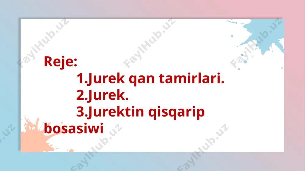 riyası; 5- oń táreptegi ókpe venaları; 6- oń júrek aldı; 7- úsh qaqpaqlı klapan; 8- oń qarınsha; 9- tómengi gewek vena; 10-túsiwshi aorta; 11- qarınshalarara tosıq; 12- shep qarınsha; 13- mitral klapan; 14- aortal klapan; 15- shep júrek aldı; 16- shep táreptegi ókpe venaları; 17- shep táreptegi ókpe arteriyası;18- aorta yarım sheńberi. júrek ritm menen qısqarıp bosasıp turadı, júrektiń qısqarıwı nátiyjesinde qan bólmeshelerden qarınshalarǵa hám olardan qan tamırlarǵa otedi. júrektiń qısqarıp bosasıwı júrek tsikli delinedi. júrek bólmesheleri menen qarınshaları qısqarıwı sistola, olardıń bosasıwı diastola delinedi. úlken adamlarda júrek bir minuta 70-75 márte qısqaradı. 10 júrektiń qısqarıwınıń sanı turaqlı bolmay, kóp sebeplerdiń tásirinde ózgeredi. hátteki kúnniń har qıylı mezgillerinde de júrektiń qısqarıw sanı ózgeshe boladı. azanda saat 8-11 lerdiń arasında jurektiń qısqarıwı tezlesken boladı. 14:00 de bolsa qısqarıwı kemeyip, keshki saat 18:00-20:00 de jáne tezlesedi. júrek oń hám shep taj arteriyaları járdeminde arteriya qanın aladı. júrektiń taj arteriyası aortanıń yarımay tárizli …