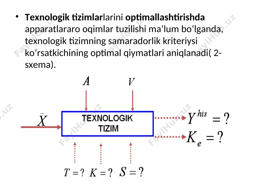 arayonning gidrodinamik modeli o‘raganiladi,. so‘ngra kimyoviy reaksiya kinetikasi va undan so‘ng issiqlik va modda almashinuv jarayonlari (gidrodinamik sharoitlari hisobga olgan xolda) o‘rganilib, har bir yuqoridagi jarayonlar uchun matematik ifoda tuziladi. modelni tuzishni oxirgi bosqichida, hamma o‘rganilgan «elementar» jarayon matematik ifodalari bir tenglamalar tizimsiga birlashtiriladi. shunday qilib, qandaydir texnologik jarayon matematik modelini tuzishda quyidagilarni hisobga olish kerak: fizika qonunlarini ifodalovchi matematik ifodalar (modda va energiyaning saqlanish qonuni); «elementar» jarayonlarni ifodalovchi tenglamalar va boshqalar; texnologik jarayon parametrlari orasidagi bog‘lig‘likni ifodalovchi har hil empirik tenglamalar. (masalan: ob’ekt to‘g‘risida yetarli nazariy ma’lumotlar bo‘lmasa, unda statistik modellardan foydalaniladi»; jrayon parametrlariga har xil cheklamalar. matematik model tenglamalar tizimining tasnifi modellashtirilayotgan har xil ob’ektlarning xususiyatlarini oddiy algebraik tenglamalar, oddiy differensial tenglamalar, integral tenglamalar va hususiy hosila ko‘rinishidagi tenglamalar orqali ifodalanadi. matematik ifodada ob’ekt parametrlarining o‘zgarishi vaqt buyicha ifodalanayaptimi yoki yo‘qmi, shunga qarab, modellar statsionar va nostatsionar bo‘lishi mumkin. ob’ektning statsionar holati statsionar modellar ifodalaydi. parametrlari mujassamlangan ob’ektlarning …