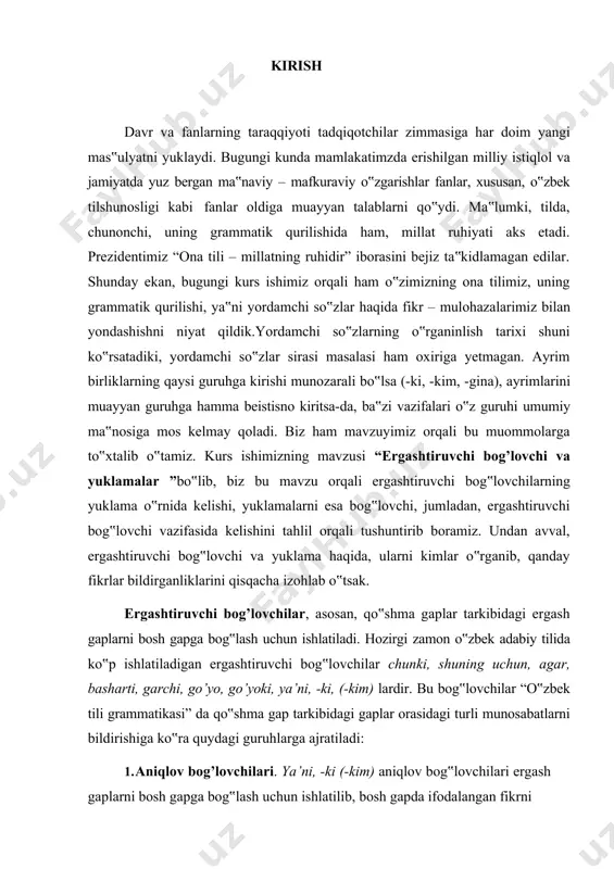 odisalarni, ayrim otlarni bir – biriga solishtirish, o‟xshatish uchun ham ishlatiladi:u otabekka yan kulib qarab turar edi – da, go’yoki shu kulish bilan o’z sehrining kuchi bilan faxrlanar edi (a. qodiriy). ergashtiruvchi bog‟lovchilarning ma‟no turlari tilshunoslar r.r. sayfullayeva va b. mengliyev da ham xuddi mana shu tarzda beriladi. yuklama. ayrim so‟z yoki gapga qo‟shimcha ma‟no jilosi (ottenkasi) berish uchun xizmat qiladigan yordamchi so‟zlar yuklamalardir. r.r. sayfullayeva bu haqida quydagicha fikrlarni bildiradi: “yuklamaning o‟ziga xos xususiyati shundaki, ular so‟z yoki gapga so‟roq, ta‟kid, kuchaytiruv, ayirish – chegaralash, o‟xshatish kabi qo‟shimcha ma‟no beradi va funksional “bog‟lash” belgisiga nisbatan beqaror, o‟zgaruvchan sanaladi, ya‟ni “bog‟lash” belgisi unda bo‟lishi ham, bo‟lmasligi ham mumkin”.shu bilan birgalikda yuklama yuqoridagi belgisigako‟ra ko‟makchi va bog‟lovchidan farq qilishini aytadi. “o‟zbek tili grammatikasi” da gapga yoki ayrim so‟zlarga beradigan qo‟shimcha ma‟nolariga ko‟ra yuklamalarni quydagicha guruhlash mumkin: 1) so‟roq va taajjub yuklamalari; 2) kuchaytiruv va ta‟kid yuklamalari; 3) ayiruv va chegaralov yuklamalar; …
