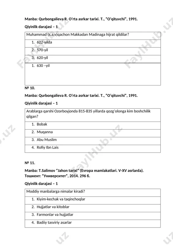 sos slogan xlodvig xristian dinini qaerdan qabul qilgan? 1. vizantiyadan 2. rimdan 3. fransiyadan 4. chexiyadan № 24. manba: t.salimov “jahon tarixi” (evropa mamlakatlari. v-xv asrlarda). тошкент: “университет”, 2014. 296 б. qiyinlik darajasi – 1 qiyinlik darajasi – 1 franklarda kimlar uzun soch qo’yib yurish huqquqiga ega bo’lishgan? 1. qirol va uning oilasi 2. ritsarlar 3. ruhoniylar 4. poplaar № 25. manba: t.salimov “jahon tarixi” (evropa mamlakatlari. v-xv asrlarda). тошкент: “университет”, 2014. 296 б. qiyinlik darajasi – 1 “feod”so’zining manosi nima? 1.yer egasi 2. qiashlaoq hokimi 3. boy kishi 5. mulkdor kishi № 26. manba: t.salimov “jahon tarixi” (evropa mamlakatlari. v-xv asrlarda). тошкент: “университет”, 2014. 296 б. qiyinlik darajasi – 1 franklar imperiyasoda yer qabilalarini kim boshqargan? 1. gersoglar 2. ritsarlar 3. feodallar 4. graflar № 27. manba: t.salimov “jahon tarixi” (evropa mamlakatlari. v-xv asrlarda). тошкент: “университет”, 2014. 296 б. qiyinlik darajasi – 1 franklar imperiyasida viloyatni kim boshqargan? 1. …