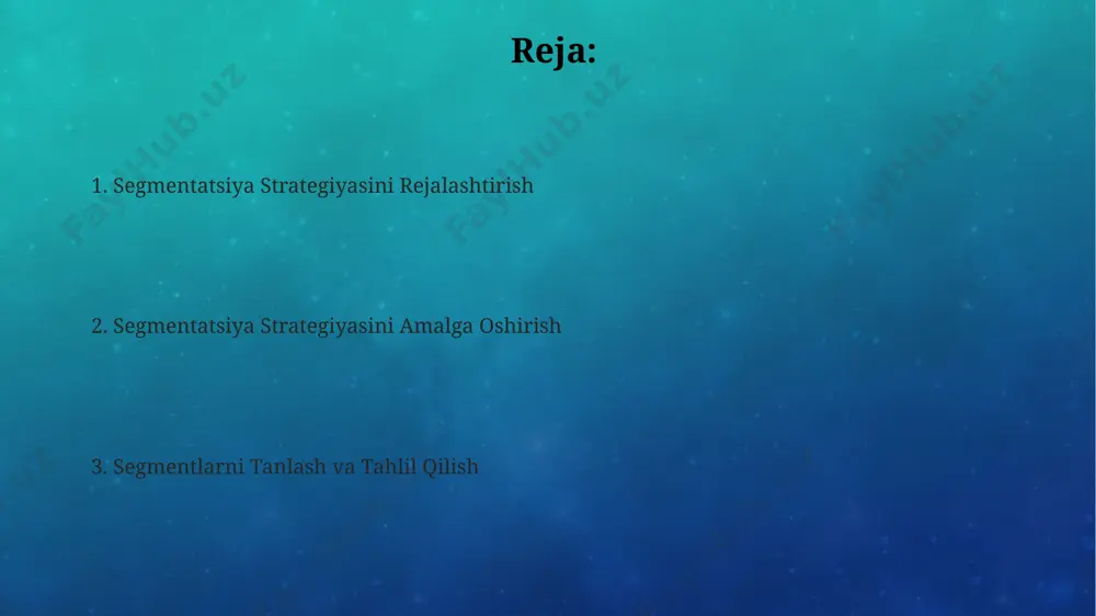 riyaning 70% ga yetkazilishi 2 oy muddatga cho'zildi, bu rejalashtirilgan muddatdan 1 oy orqada. har bir segment uchun marketing strategiyasini ishlab chiqish har bir segment uchun alohida marketing kanallarini (masalan, 25-45 yoshdagi ayollar uchun instagram, 50 yoshdan oshgan erkaklar uchun facebook) tanlash va 100,000 dan ortiq foydalanuvchiga ega bo'lgan toshkentdagi ijtimoiy tarmoqlar orqali reklama kampaniyalarini ishga tushirish muhim. segmentga moslashtirilgan tarkibni (matn, rasm, video) yaratish va 5 dan ortiq turdagi marketing materiallaridan foydalanish orqali (masalan, elektron pochta xabarlari, sms-xabarlar) mijozlar bilan munosabatni mustahkamlash va 15% ga sotishni oshirishga erishish mumkin. segmentlarning xarid qilish xatti-harakatlarini tahlil qilish orqali (masalan, o'rtacha chek miqdori, xarid chastotasi) mahsulot va xizmatlarni moslashtirish va narx siyosatini 30% gacha o'zgartirish mumkin. samarqand va buxoroda test marketing o'tkazish tavsiya etiladi. segmentatsiya strategiyasini aniqlash 2023-yilgi tadqiqotlar shuni ko'rsatdiki, mijozlarning 70% i mahsulotni onlayn xarid qilmoqda. shuning uchun, onlayn segmentatsiya, ya'ni veb-sayt va ijtimoiy tarmoqlar orqali, samarali segmentatsiya strategiyasining muhim …