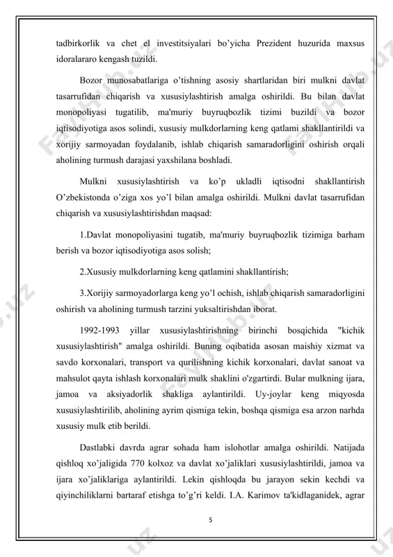 orlikni keng rivojlantirish, ikkinchidan, pul mablag’larini omonat kassalari yoki banklariga qo’yish, qimmatbaho qog’ozlarga aylantirish yo’li bilan. iqtisodiy jihatdan erkin bo’lgan mulkdor "o’z boyligini ko’paytirishdan manfaatdor bo’libgina qolmay, balki butun mamlakatni boyitishga ham qodir bo’ladi", deydi prezident islom karimov. davlat mulkini xususiylashtirishning ikkinchi bosqichi o’zbekiston respublikasi vazirlar mahkamasining 1994 yil 21 yanvardagi "iqtisodiy islohotlarni yanada chuqurlashtirish, xususiy mulk manfaatlarini himoya qilish va tadbirkorlikni rivojlantirishning chora-tadbirlari to’g’risida"gi qarori asosida olib borildi. bu davrda ochiq shakldagi aksiyadorlik jamiyati qurish, korxonalarni aksiyasini chiqarish, auksion (kim oshdi) savdosi orqali davlat mulkini shaxslarga sotish, qimmatbaho qog’ozlarni chiqarish va xususiylashtirishni yoppasiga olib borish uchun sharoit yaratish ishlari amalga oshirildi. aloqa, transport, geologiya qidiruv yoqilg’i-energetika komplekslari xususiylashtirilmadi. ayrim sohalarda - kimyo, oltin qazish, paxta tozalash, tog’-kon sanoatida 51 foiz aksiya davlat ixtiyorida qoladigan bo’ldi. 1994 yil oxirigacha 54.000 korxona mulk shaklini o’zgartirdi. xususan, 34% xususiy, 48% aksiyadorlik, 16% jamoa, 1% ijara xo’jaligiga aylandi. iqtisodiy islohotlarning borishi, uning to’rt …