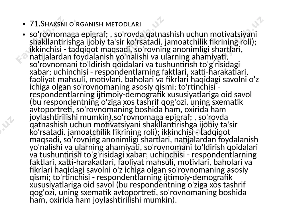 yojning yuksak shakli sifatida paydo boʻluvchi ichki turtki hisoblanadi. ehtiyoj va instinkt, mayl va hissiyot, ideal va boshqa m.lar jumlasiga kiradi. hozirgi zamon psixologiyasida m. atamasi subʼyektni faollashtiruvchi turli hodisa va holatlarni ifodalash uchun qoʻllanadi. xatti-harakat va faoliyat m.larining majmuasi motivatsiya deyiladi. m. ehtiyoj negizida vujudga keladi va shakllanadi. ehtiyojning barqarorlashuvi motivatsiyaning samarali shakllanishini taʼminlaydi.motivatsiya — bu odamlar va boshqa hayvonlarning maʼlum bir vaqtda xatti-harakatni boshlashi, davom ettirishi yoki toʻxtatishi sababi. motivatsion holatlar odatda agent ichida harakat qiluvchi, maqsadga yoʻnaltirilgan xatti-harakatlarga moyillikni yaratadigan kuchlar sifatida tushuniladi. koʻpincha turli xil ruhiy holatlar bir-biri bilan raqobatlashadi va faqat eng kuchli holat xatti-harakatni belgilaydi 75. mᴏᴛɪᴠʟᴀʀɴɪɴɢ ᴛᴜʀʟᴀʀɪ o'zini tasdiqlash motivi - bu menejerlar o'zlarining xizmatchilari bilan amal qilishga harakat qiladigan, faollik uchun motivatsiyani oshiradigan juda samarali rag'batlantiruvchi omil. o'z-o'zini rivojlantirish motivi o'z-o'zini rivojlantirish, o'zini takomillashtirishga bo'lgan intilish bizni qattiq ishlashga va rivojlanishga undaydigan muhim sababdir. bu o'zlarining qobiliyatlarini to'liq amalga oshirish istagi va …