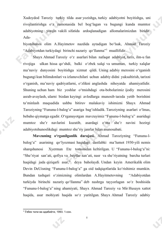 ahmad taroziyning faoliyati va adabiy merosini oʻrganish; – “fununu-l-balogʻa” asarining yaratilishini tadqiq etish; · ahmad taroziyning “fununu-l-balogʻa” asarida janrlar tasnifini tahlil qilish; · “fununu-l-balogʻa” asaridagi she’r navlarining hozirgi she’riy janrlar bilan munosabatini oʻrganish. bitiruv malakaviy ishining obyekti va predmeti. tadqiqot obyekti sifatida ahmad taroziyning “fununu-l -balog‘a” asari nashr variantlari belgilandi. bitiruv malakaviy ishining predmeti. “fununu-l-balog‘a” asari janrlar ko‘lamining o‘ziga xos jihatlarini o‘rganishd – a n iborat. bitiruv malakaviy ishining ilmiy yangiligi quyidagilardan iborat: – taroziy ijodining manbalari oʻrganilgan; – asar tarkibi tahlil etilgan; – asarda janrlar tasnifi tahlil qilingan; –asardagi she’r navlarining hozirgi she’riy janrlar bilan munosabati oʻrganilgan. bitiruv malakaviy ishining tuzilishi. ushbu bitiruv malakaviy ishi toʻrt faslni ichiga olgan ikki asosiy bob, xulosa va foydalanilgan adabiyotlar roʻyxatidan iborat. i bob. “fununu-l-balogʻa” – mumtoz adabiyotning yuksak namunasi sifatida 1.1. ahmad taroziy faoliyati va adabiy merosi mumtoz adabiyotimizda beqiyos oʻringa ega shoir va adabiyotshunoslardan biri shubhasiz taroziydir. uning toʻliq ismi shayx …