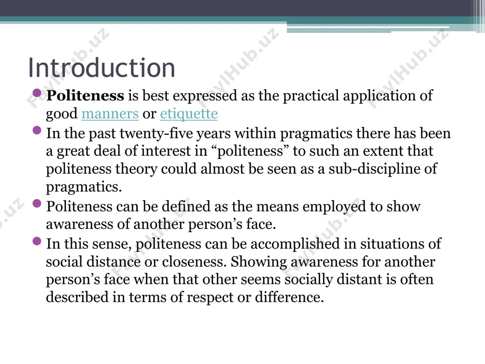 politeness of a speech act, and unsafe to equate surface linguistic form with politeness is that some speech acts seem almost inherently impolite. politeness as a pragmatic phenomenon defined has focused on writings politeness is interpreted as a strategy (series of a strategies) employed by a speaker to achieve a variety of goals. these strategies may include the strategies use of the conventional politeness strategies but also include a range of other strategies, including many forms of conventional and non-conventional indirectness. politeness as a pragmatic phenomenon politeness explained in terms of principles and maxims before leech, there are two main approaches to politeness. firstly lakoff sees grice’s rules as essentially rules of clarity, and proposes that there are two prior rules of pragmatic competence: “be clear” and “be polite”. here, clarity amounts to a condensed version of the gricean maxims, while politeness serves to avoid conflicts between participants. she proposes …