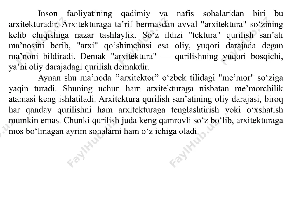 buta, maysa, plita, tosh, yordamida rejalangan. arxitekturaning maqsadi va vazifalari. insonlarning yashashi, ishlashi va dam olishiga mo‘ljallanib tashkillashtirilgan makonni yoki muhitni shakllantirish arxitekturaning bosh vazifasidir. biroq, uning vazifasi bu bilan cheklanmaydi. ma’lumki, har qanday muhit odamlar ruhiyatiga, ongining shakllanishiga ta’sir ko‘rsatadi. chunki arxitekturada qo‘llaniladigan hajmiy shakllar, moddiy muhit biron bir jozibali ko‘rinishga yoki axborotga ega bo‘ladiki, ular odamlar didiga, ongiga ijobiy yoki salbiy ta’sir etishi mumkin. arxitekturaning vazifasiga ana shu muhitda insonlar uchun o‘ziga xos qulaylik va shinamlik yaratishgina emas, balki insonning go‘zallikka bo‘lgan ehtiyojini qondirish, u yashayotgan jamiyat madaniy hayoti, xalqchil milliy an’analari va ilg‘or estetik tuyg‘ularini o‘zida aks ettirish kabi vazifalar ham kiradi. arxitektura insonning moddiy va ma’naviy ehtiyojlarini qondiradi. u insoniyat jamiyati yashash va dam olish vositalarining qanchalik zaruriy qismlari (turarjoy uylari, jamoat binolari, bog‘ va parklar, xiyobonlar va boshqalar)dan tarkib topsa, xuddi shunchalik ishlab chiqarish vositalari (zavod va fabrikalar, elektr va issiqlik stansiyalari, ishlab chiqarish korxonalari)dan …