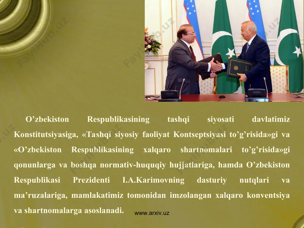 isodiy, madaniy-gumanitar, ilmiy-texnikaviy va boshqa sohalarda xalqaro hamkorlikni izchillik bilan rivojlantirish; - mamlakatimizda olib borilayotgan demokratik islohotlarni hamda jamiyatni va iqtisodiyotni modernizatsiya qilishning jadal jarayonlarini samarali amalga oshirish uchun mumkin qadar qulay tashqi siyosiy shart-sharoitlarni shakllantirish; - markaziy osiyoda tinchlik va barqarorlikni saqlash hamda mustahkamlash, mintaqani xavfsizlik va barqaror taraqqiyot zonasiga aylantirish, afg’onistonda tinchlik va barqarorlikka erishishga ko’maklashish; - jahonning etakchi davlatlari va xalqaro tashkilotlar bilan strategik hamkorlik qilishning mutanosib, ko’p qirrali tizimini shakllantirish, mintaqada geosiyosiy muvozanatni saqlab turish, o’zbekistonning savdo, iqtisodiy, texnologik, transport va boshqa aloqalarini keng diversifikatsiya qilish; www.arxiv.uz www.arxiv.uz - mavjud yoki yuzaga kelayotgan muammolarni o’z vaqtida hal etish uchun siyosiy diplomatik hamda xalqaro huquqiy mexanizmlardan, jumladan preventiv diplomatiya chora-tadbirlaridan foydalanish; - o’zbekistonning siyosiy va savdo-iqtisodiy sohadagi ishonchli, mas’uliyatli sherik sifatidagi xalqaro nufuzini mustahkamlash, mamlakatimizning tashqi dunyo uchun investitsion, sayyohlik, madaniy-tarixiy jozibadorligini kuchaytirish; - milliy iqtisodiyotning ustuvor tarmoqlariga to’g’ridan-to’g’ri chet el investitsiyalari va ilg’or texnologiyalarni jalb etish …