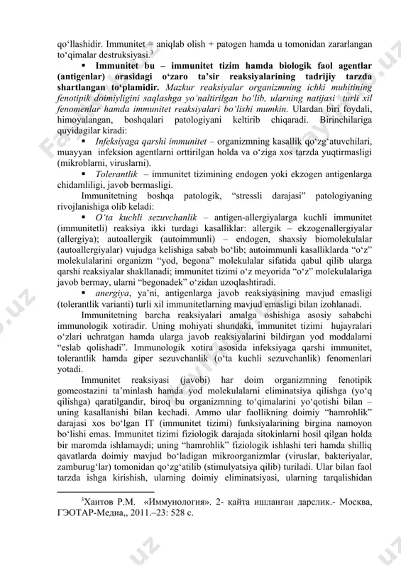r) shu jumladan, insonlar ham o‘zini-o‘zi himoya qilish xossalariga ega. masalan: ko‘z yoshi suyuqligi, so’lak, qon va limfada lizotsim (tabiatan oqsil) moddasi bo‘lsa, odamning toza terisi kasallik qo‘zg‘atuvchi mikroblarga halokatli ta’sir ko‘rsatadigan lizotsimga o‘xshash modda ajralib turadi. nafas yo’llarining shilliq pardasi infeksiyaga javoban shilimshiq ajratib, bo’rtib chiqadi va qizaradi. unda fagotsitoz yo’li bilan oziqlanadigan leykatsitlar paydo bo‘ladi va boshqalar. traxeya, bronx va bronxiollalar qoplab turadigan hilpillovchi epiteliy esa o’z kiprikchalarini tebratib, tushib qolgan chang zarrachalarini va mikroblarni tashqariga chiqarib tashlaydi. so’lak, me’da, ichak shiralaridagi fermentlar ham mikrob va bakteriyalarni halok qiladi. immunitet - organizmning turli kasalliklardan o‘z-o‘zini himoyalanish uslubidir. organizmning himoyalanishi katta ro’l o’ynab, tabiiy va sun’iy immunitet farqlanadi. tabiiy immunitet tug‘ma, shuningdek, boshdan kechirilgan kasallik tufayli turmushda orttirilgan bo‘lishi mumkin. sun’iy immunitet faqat turmushda orttirilgan, shunda ham aktiv yoki passiv bo‘ladi. masalan: agar bolaga chechakka qarshi emlangan bo’lsa yoki poliomilitga qarshi vaksina berilgan bo‘lsa, bunday hollarning hammasida organizmga zaiflashtirilgan …