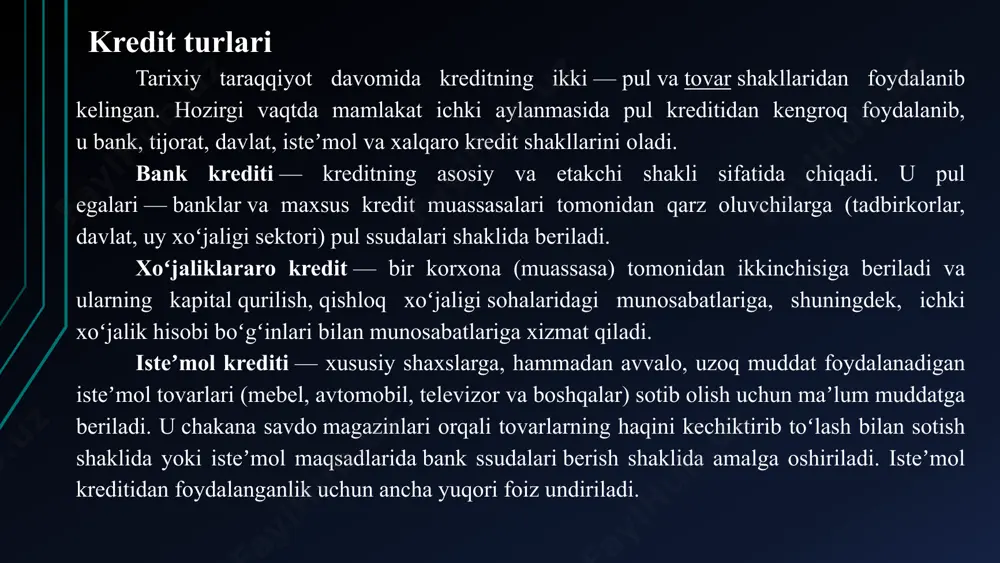 unduzgi bo‘limlariga to‘lov-kontrakt asosida qabul qilingan talabalarning o‘qish uchun beriladi kredit muddati 10 yil imtiyozli davr 51 oy kredit summasi 30 mln so`mgacha investitsiya — (nemischa „investition“, lotincha „investio“) soʻzidan olingan boʻlib, asosan, ishlab chiqarishga uzoq muddatli qoʻyilmalar sarfi, yaʼni xarajatlar yigʻindisi deb talqin etilgan. investitsiya — foyda (daromad) olish yoki ijtimoiy samaraga erishish maqsadida, davlat, xuquqiy va jismoniy shaxslar (investorlar) tomonidan cheklangan imkoniyatlardan samarali foydalanib, cheklanmagan extiyojni qondirish uchun iqtisodiyotning turli soxalariga maʼlum muddatga sarflangan barcha turdagi boyliklardir. ko‘pchilik iqtisodiyotni tushunmaydiganlar investitsiyani qarz deb tushunadi. davlat qarzi hisoblab chiqilganda investiitsiyalar hisobga olinmaydi. real investitsiya – asosiy fondlar va aylanma mablagʻlarga investorlar tomonidan qoʻyiladigan barcha turdagi boyliklar. moliya investitsiyalar – qimmatli qogʻozlar (aksiya, obligatsiya) sotib olishga va bank depozitlariga uzoq muddatga jalb qilingan qiyilmatlar. intellektual investitsiyalar – mutaxassislarni tayyorlash, tajriba, ilmiy tekshirish, litzensiya va nou-xou berish, avtorlik huquqi va boshqalar. investitsiyalar kim tomonidan kiritilishiga qarab 2 turga boʻlinadi: ichki investitsiyalar. …