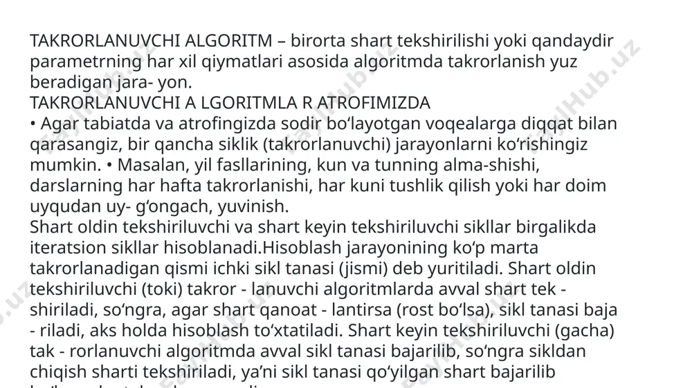 rda bajariladigan amallar for va while taqqoslash: for va while tsikllari o'rtasida farq mavjud. for tsikli ma'lum bir sonlar oralig'ida ishlaydi, while tsikli esa shart bajarilguncha davom etadi. har birining o'ziga xos afzalliklari bor. • for sikli: • oldindan aniqlangan shart asosida ishlaydi. • asosan takrorlanadigan amallarni aniq soni yoki oraliqlar bo’yicha bajarish uchun ishlatiladi. • siklning boshlanishi, tugashi va har bir iteratsiyada amalga oshiriladigan o’zgarishlar aniq belgilanadi. • dastlabki o’zgaruvchini belgilash, shartni tekshirish va o’zgaruvchini yangilashning barchasi bir joyda amalga oshiriladi. misol: for i in range(1, 6): print(i) • while sikli: • shart to’g’ri bo’lsa davom etadi. • shart tekshiriladi, va agar shart true bo’lsa, siklni bajaradi; aks holda to’xtaydi. • shart va o’zgarishlar alohida joylarda bo’lishi mumkin va shartning har doim yangilanishi kerak. • siklning bajarilish soni oldindan aniq bo’lmasligi mumkin. i = 1 while i <= 5: print(i) i += 1 • for sikli, agar takrorlanadigan amal …
