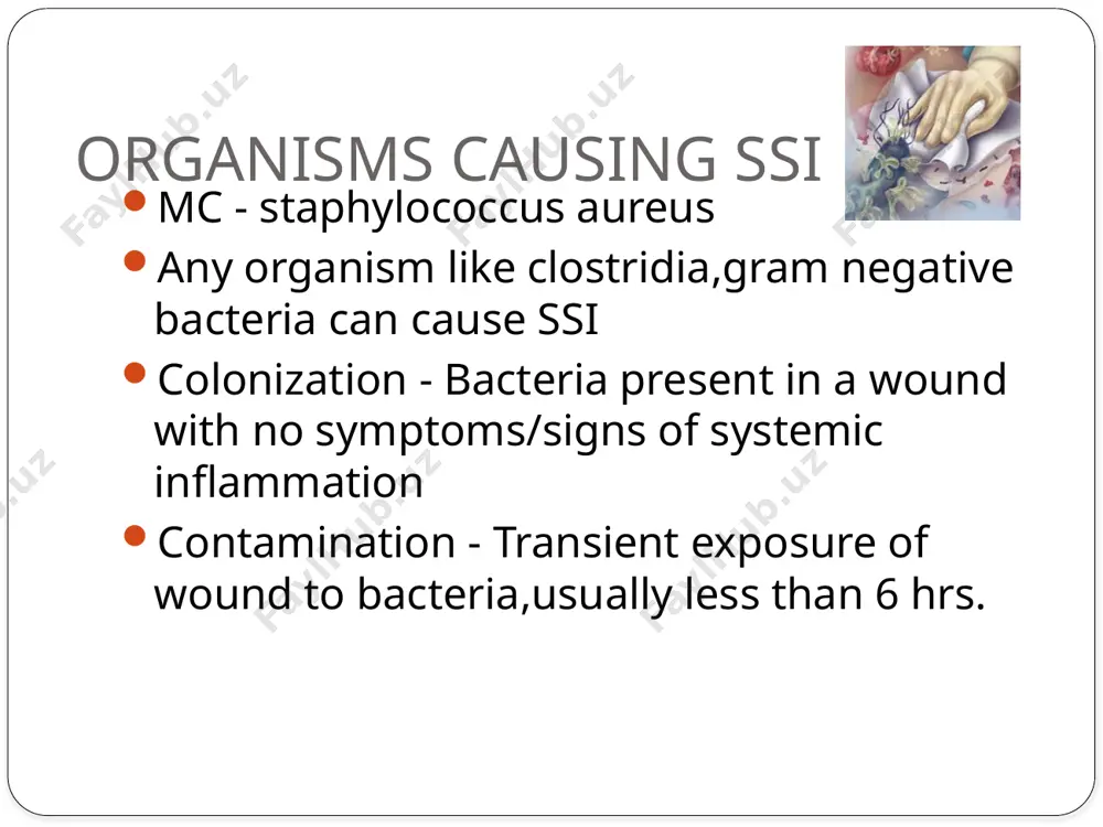 isk of acquiring mrsa, and acquisition of hai. medical and nursing staff should wash hands after any patient contact. alcohol hand gels-substitute for handwashing , donot destroy spores of c. difficile-pseudomembranous colitis in immunocompromised care in ot staff with open, infected skin lesions shouldn’t enter ot. preoperative shaving-immediately before surgery, but hair clipping is best with lowest rate of infection attention to theatre technique and discipline careful and regular surveillance to ensure quality-theatre ventilation, instrument sterilisation, aseptic technique. minimize use of diathermy scrubbing and skin preparation for first operation of day, aqueous antiseptics should be used for handwashing scrub –include nails subsequent scrubbing-washing to elbows, as repeated extensive scrubbing releases more organisms than it removes. antiseptic skin preparation to be standardized alcoholic antiseptic-skin preparation-more than 95 % reduction in bacterial count. ensure sterile caps, masks, gown and sterile gloves minimize movement in and out of ot no evidence that drains, …