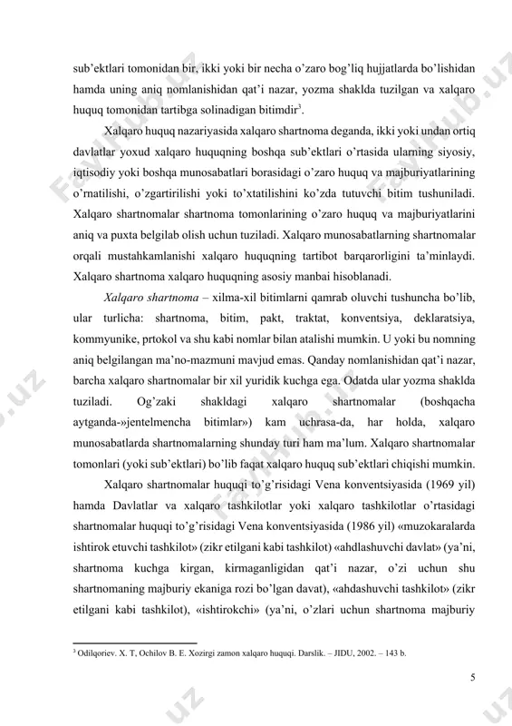 buriy ekaniga rozi bo’lgan davat), «ahdashuvchi tashkilot» (zikr etilgani kabi tashkilot), «ishtirokchi» (ya’ni, o’zlari uchun shartnoma majburiy ekaniga rozi bo’lgan va ular uchun shartnoma kuchga kirgan tegishli davlat yoki xalqaro tashkilot), «uchinchi davlat» va «uchinchi tashkilot» (ya’ni, shartnoma ishtirokchisi hisoblanmaydigan davlat va xalqaro tashkilot) kabi tushunchalar qo’llaniladi. tomonlar deganda, xalqaro shartnoma ishtirokchilari tushuniladi. xalqaro shartnomada davlat yaxlit holda tomon hisoblanadi. federatsiya sub’ekti istisno tariqasida, agar bu federal konstitutsiyada ko’zda tutilgan bo’lsa, shartnomalarda ishtirok etishi mumkin. davlat nomidan ish ko’ruvchi organlar nomidan kelib chiqqan holda, uch xil xalqaro shartnomani ko’rsatish mumkin: birinchidan, davlatlararo (oliy darajada va davlatlar nomidan tuziladigan); ikkinchidan, hukumatlararo (hukumatlar nomidan tuziladigan) va idoralararo (idoralar nomidan tuziladigan); uchinchidan, idoralararo (idoralar nomidan tuziladigan) shartnomalar. davlatlararo tashkilotlar ishtirokidagi shartnomalar soni tobora ortib bormoqda. xalqaro tashkilotlar xalqaro huquqning alohida sub’ekti hisoblangani bois, ularning shartnomalardagi ishtiroki ustavlarida belgilanadigan vazifalari doirasi bilan cheklanadi. xalqaro shartnomalar faqat o’z ishtirokchilarigagina muayyan majburiyatlar yuklaydi. uchinchi, ya’ni ishtirok …