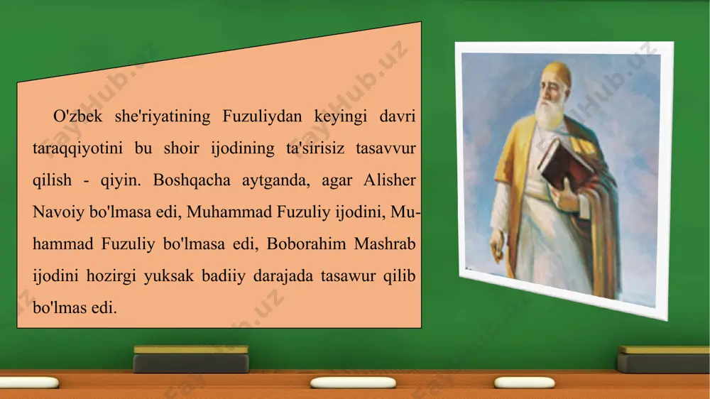 ing «mehrobdan chayon» romanida ham eslaydi - asardagi oddiy qorovul bo'lgan tohir aka bu shoirning: dahr bir bozordur - har kas mato'in arz edar, -degan misrasini keltiradi. hamid olimjonning: fuzuliyni oldim qo 'limga, majnun bo 'lib yig 'lab qichqirdi; hamid olimjonning: oshiqlar uxlaydi saharga tomon fuzuliy devonin boshiga qo 'yib...mening shoirligim yolg 'ondir, ammo fuzuliy she 'riga oshiqligim — rost; abdulla oripovning: bir lahza qo 'lidan qo 'yganmi o 'zbek, o 'zing ayt, fuzuliy bitgan devonni, — kabi misralari bizning davrimizda ham shoir asarlari naqa-dar yuksak qadrlanayotganidan dalolat beradi. xuddi navoiy ijodi kabi, fuzuliy merosi ham besh asr-dan buy on o'zbek va ozarboyjon xalqlari do'stligi, qon-dosh-jondoshligini mustahkamlashga xizmat qilib kelyapti. bu bugun ham juda ahamiyatli, kelajakda ham shunday kamarbasta bo'laveradi. bizni til, dil, din birligi, madani-yatlarimiz uyg'unligi, ulug' daholarimiz o'giti birlashtirib turadi. jahonda mamlakatlar va xalqlarning o'zaro ham-korlikda yashash va mehnat qilishga kuchli intilishi yuz berayotgan bugungi zamonda buning alohida …