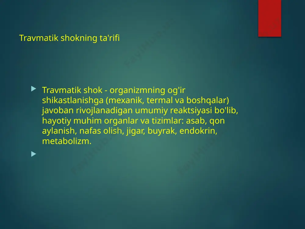 ashganda glyukoza-novokain aralashmasini kiritish . 7. gemoglobin 50 g/l, gematokrit 20-25% gacha bo'lganda qizil qon tanachalarini quyish, qonni qayta quyish . 8. periferik qon tomir tonusini rag'batlantiruvchi dori vositalarini qo'llash: - daqiqada 100-250 mkg dozada dopamin , - 1 litr 5% glyukoza eritmasiga 2-4 ml 0,2% norepinefrin eritmasi. malakali tibbiy yordam nafas olish tizimining faoliyatini tiklash: - o'tkir nafas etishmovchiligining mexanik sabablarini yo'q qilish (asfiksiya, gemotoraks, pnevmotoraks, qovurg'aning fenestrlangan sinishida qovurg'a qopqog'ini mahkamlash); - barcha turdagi blokadalar (interkostal, paravertebral , vagosimpatik); - namlangan kislorodni inhalatsiyalash; - o'tkir nafas etishmovchiligida traxeyani intubatsiya qilish va mexanik ventilyatsiya qilish; - traxeostomiya . malakali tibbiy yordam jigar faoliyatini tiklash: - insulin va b va c vitaminlari bilan 5-10% glyukoza eritmasini tomir ichiga yuborish; - kislorodli terapiya. buyrak faoliyatini tiklash: - osmotik diuretiklarni yuborish: 30% karbamid eritmasi (bemorning 1 kg vazniga 1 g quruq modda), 15% mannitol eritmasi (1 kg vazniga 0,5 g). - ikki …