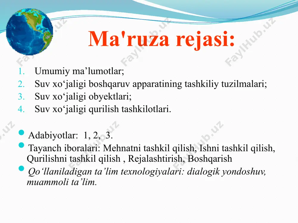 ish uchun 400 km atrofida masofaga, qoraqalpog‘istonning quyi qismida hosil ye­tishtirish uchun amudaryo orqali salkam 2500 km joyga suvni yetkazib borish kerak. 4 suv xo‘jaligi boshqaruv apparatining tashkiliy tuzilmalari; suv bilan bog‘liq kompleks ishlarni suv xo‘jaligi boshqaruv tizimi amalga oshiradi. bunga loyihalash, quri- lish va ekspluatatsiya ishlari kiradi. gidrotexnika qurilishiga oid ishlarni tashkil qilishning uch turi mavjud: mehnatni, ishni va qurilishni tashkil qilishdir. mehnatni tashkil qilish — bu bajaruvchilar (ishchi, muhandis- texnik xodim va xizmatchilar) mehnati bilan bog'liq bo‘lgan asosiy ishlarni, mehnatni ilmiy tashkil etish talablariga mos keladigan sha- roitlarda bajarishdir. ishni tashkil qilish — bu ma’lum ishni muhandis-texnik xo­dim rahbarligida jamoa tomonidan bajarishdir. bunga ishni texnik hujjatlar bilan ta’minlash, yangi texnologiyani ishlab chiqish va ish- lab chiqarishga tatbiq etish, takomillashtirish, to‘liq mexanizatsi- yalash, oqim usullarini tatbiq etish, ishni barcha kerakli manbalar bilan ta’minlash, me’yorlar va loyiha talablarini bajarish, ish si- fatini nazorat qilish va qabul qilish kiradi. qurilishni tashkil …