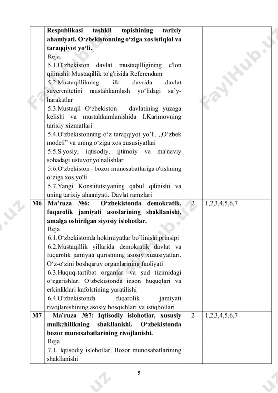 tlardagi barqarorlikni ta’minlash borasidagi davlat siyosati 2 1,2,3,4,5,6,7,8 m10 ma’ruza №10: o‘zbekiston respublikasida ta’lim sohasida amalga oshirilgan islohotlar. reja 10.1. mustaqillik yillarida ilm-fanning rivojlanishi. yangi jamiyat qurishda ta’lim va tarbiyaning o‘rni va roli 10.2.“ta’lim to‘g‘risida”gi qonun va “kadrlar tayyorlash milliy dasturi”ning qabul qilinishi 10.3.ta’lim sohasidagi islohotlarning yangi bosqichi 2 1,2,3,4,5,6,7,8 m11 ma’ruza №11: o‘zbekiston va jahon hamjamiyati reja 11.1. mustaqil o‘zbekistonning tashqi siyosati asoslari va jahon hamjamiyatiga qo’shilishi. o‘zbekiston va bmt 11.2.o‘zbekistonning mustaqil davlatlar hamdo’stligi davlatlari bilan aloqalari 2 1,2,3,4,5,6,7,8 m12 ma’ruza №12: o‘zbekiston va jahon hamjamiyati reja 12.1 markaziy osiyo davlatlari o’rtasida hamkorlik aloqalari 12.2.o‘zbekistonning osiyo mamlakatlari bilan o’zaro manfaatli aloqalari 12.3.o‘zbekistonning aqsh va yevropa mamlakatlari bilan hamkorligi 2 1,2,3,4,5,6,7,8 m13 ma’ruza №13: yangi o‘zbekiston ijtimoiy-siyosiy, iqtisodiy va madaniy hayotida roʻy berayotgan oʻzgarishlarning xalqaro reyting va indekslarda aks etishi reja 13.1.“o‘zbekiston respublikasining xalqaro reyting va indekslardagi o‘rnini yaxshilash hamda davlat organlari va tashkilotlarida ular bilan tizimli ishlashning yangi mexanizmini …