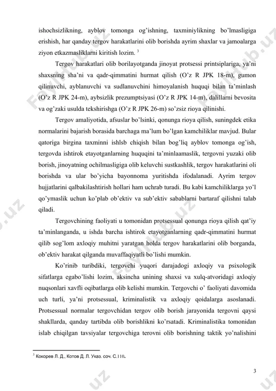ozim, aksincha unining shaxsi va xulq-atvoridagi axloqiy nuqsonlari xavfli oqibatlarga olib kelishi mumkin. tergovchi o’ faoliyati davomida uch turli, ya’ni protsessual, kriminalistik va axloqiy qoidalarga asoslanadi. protsessual normalar tergovchidan tergov olib borish jarayonida tergovni qaysi shakllarda, qanday tartibda olib borishlikni ko’rsatadi. kriminalistika tomonidan islab chiqilgan tavsiyalar tergovchiga terovni olib borishning taktik yo’nalishini belgilab olish, dastlabki tergov oldida turgan jinoyatni tez va to’la ochish, aybdorlarni fosh qilishdek muhim vazifalarni eng samarali amalga oshirishning uslub va yo’l-yo’riqlarini izlab topish imkoniyatini beradi. axloqiy normalar tergov olib borishdagi u yoki bu usullarining axloq nuqtai nazaridan maqbulligini baholashga imkon beradi. barcha tartib-qoidalar bir-biri bilan uzviy bog’liqlikda bo’lsada lekin qonun ular orasida yuqori turadi. tergovchi o’z kasbiy burchi uchun hamda dastlabki tergov oldida turgan vazifalarning ijrosi uchun shaxsan axloqiy javobgar hisoblanadi. buning uchun u xolis, beg’araz, adolatli, insonparvar va xushyor bo’lishi kerak. xizmat faoliyatini amalga oshirayotganda chidamlilik, bosiqlik, xushmuomalalikka rioya qilishi lozim. jinoyatni tergov qilayotganda tergovchi …