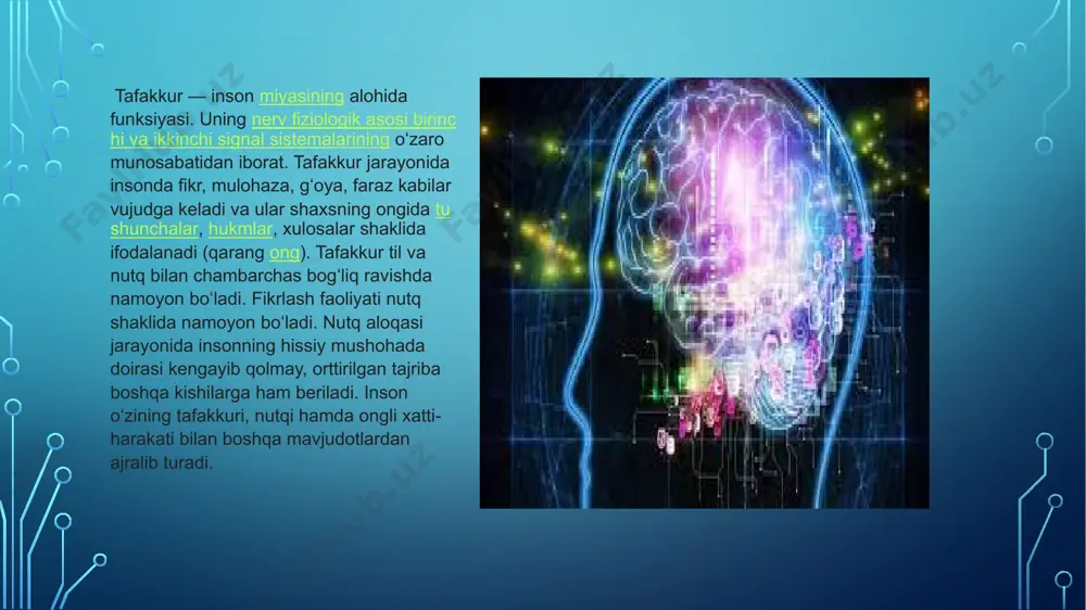 oʻzlash va h.k. psixik jarayonlar kiradi. intellektning rivojlanishi tug'ma isteʼdod, miya imkoniyatlari, joʻshqin faoliyat, hayotiy tajriba kabi ijtimoiy omillarga bogʻliq. intellekt saviyasi, darajasi inson faoliyatining natijalariga, shuningdek, psixologik testlarga qarab ham belgilanadi[1]. amerikalik psixolog f.frimen intellekt oltita (6) tarkibdan iborat, degan goyani ilgari suradi va ularni quyidagicha xasposhlab korsatadi: 1.sonli operatsiyalarga nisbatan qobiliyatlilik. 2.lugat boyligi. 3.geometrik shakllar orasidagi oxshashlik va farqlarni ajrata olish uquvi. 4.nutq tezligi yoki surati. 5.fikrlashga qobiliyatlilik. 6.xotira . psixolog olimlarining kuzatishlariga qaraganda, intellekt taraqqiyoti mana bunday omillar bilan uzviy bog`liq ekanligi ko`zga yaqqol tashlandi: bilish, o`qish motivlarining anglashilgan hamda yuksak regulyativ darajalarining mavjudligi, barqarorligi, puxtaligi, yangilikni qidirish, muammo yechimini topish, muayyan vositalar tanlash hamda tadqiqiy, imustaqil yechishlarga erishish ehtimollik darajasining yuksakligi, ilgarilab ketib yechish imkonining mavjudligi va "aytib berish", luqma tashlash jarayonida erkinlik, qo`rqinch hissining yo`qligi, jodiy faollik namoyon bo`lishi, mashhur psixologlar r.kettel va j.xormlar esa intellektni ikki (2) ta tarkibiy qismdan iborat ekanligini takidlaydilar hamda …