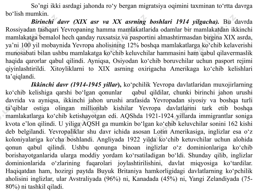 ishayotganlarida ularga moddiy yordam kо‘rsatiladigan bо‘ldi. shunday qilib, inglizlar dominionlarida о‘zlarining fuqarolari joylashtirilishini, davlat miqyosiga kо‘tardilar. haqiqatdan ham, hozirgi paytda buyuk britaniya hamkorligidagi davlatlarning kо‘pchilik aholisini inglizlar, ular avstraliyada (96%) ni, kanadada (45%) ni, yangi zelandiyada (75-80%) ni tashkil qiladi. uchinchi davr (1945-1975 yillar). ushbu davrdagi migratsiya jarayoniga ikkinchi jahon urushning va neft krizisining asoratlari ta’sir qildi. millionlab odamlar nemis asrligidan mamlakatlariga, germaniyadan qochib ketgan nemislar esa, о‘z vatanlariga qaytdilar. shunday jarayon 1946 yilning oxirida osiyo qit’asida ham rо‘y berdi. xitoyda manchjuriyadan, janubiy koreyadan 6 mln. yaponlar yaponiyaga repatratsiya qilindi. 1947 yili hindiston ikkiga bо‘linib, pokiston respublikasi tashkil qilinishi munosbati bilan 8 mln. hindlar hindistonga, 6 mln musulmonlar esa hindistondan pokistonga kо‘chib о‘tdilar. urushdan keyin mamlakatlar о‘z iqtisodiyotini tiklash uchun, qо‘shimcha ishchi kuchi kerak bо‘ldi. kо‘pchilik mamlakatlar migratsiyasini cheklagan qonunlarini kamaytirib, о‘rmonga immigrantlar uchun bir qancha qulayliklar tug‘diradigan yangi qonunlar qabul qilishdilar. masalan, aqsh da qabul qilingan yangi qonunga kо‘ra, …