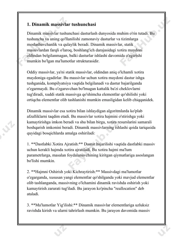sh va ularga ishlov berish usullaridan biri bo'lib, ular dastur ishlash jarayonida hajmini o‘zgartirishi mumkin bo‘lgan tuzilmalardir. statik massivlardan farqli o‘laroq, dinamik massivlar dastur ishlash vaqtida kerakli hajmga o‘sishi yoki kamayishi mumkin. bu ularga ma'lumotlar jadvallari yoki kolleksiyalari bilan ishlashda katta qulaylik tug‘diradi. dinamik massivlarning asosiy afzalliklaridan biri – ular hajmini dastur ish vaqtida o‘zgartira olish qobiliyatidir. bu dinamik massivlar, asosan, umumiy xotira maydoni (heap) orqali boshqarilishi natijasida bo‘ladi. c++, java, python kabi ko'plab zamonaviy dasturlash tillari dinamik massivlar bilan ishlash imkoniyatlarini taqdim etadi. c++ tilida standart kutubxonada taqdim etilgan `std::vector` sinfi dinamik massivlar bilan ishlash uchun keng qo‘llaniladi. `std::vector` yordamida c++ dasturchilari kerakli hajmda dinamik massiv yaratishi va uni kengaytirishi mumkin. `std::vector` ning o‘ziga xos hususiyati shundaki, u ega bolgan resurslarni avtomatik ravishda boshqarishi, massivga qo'shimcha element kiritilganda avtomatik ravishda hajmini oshirishi mumkin. dinamik massivlar bilan bog‘liq raqamlardan biri ularning boshlang‘ich hajmi yoki sig‘imidir. masalan, boshlang‘ich hajm 10 elementdan …