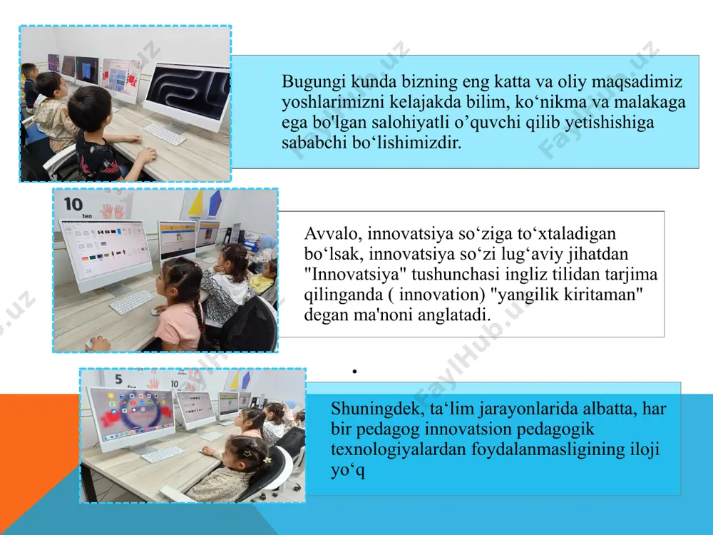 logiyalardan foydalanmasligining iloji yo‘q avvalo , innovatsiya so‘ziga to‘xtaladigan bo‘lsak , innovatsiya so‘zi lug‘aviy jihatdan " innovatsiya " tushunchasi ingliz tilidan tarjima qilinganda ( innovation ) " yangilik kiritaman " degan ma'noni anglatadi . pedagogik innovatsiyalar - bu pedagogik faoliyatdagi innovatsiyalar , ta’lim va tarbiya mazmuni va texnologiyasidagi o‘zgarishlar , ularning samaradorligini oshirishga qaratilgan . raqamli texnologiyalar bizning yashash tarzimizni , qanday muloqot qilishimizni , qanday fikrlashimizni , his- tuyg‘ularimizni , boshqalarga qanday ta’sir qilishimizni , ijtimoiy ko‘nikmalar va ijtimoiy xulqatvorimizni o‘zgartirmoqda . maktab o‘quvchilarining hozirgi avlodi raqamli , ijtimoiy avlod sifatida tanilgan . bilim - o‘qish orqali bilim olishdan o'qituvchining monologidan vizual idrok etish yoki sinf muhokamasiga o'tish . innovatsion usullardan foydalanish yoki foydalanmaslik o‘qituvchi shaxsiga , uning metodik malakasiga , pedagogik mahoratiga bog‘liq . pedagog kadrlar tayyorlash tizimining vazifasi ana shunday ehtiyojni dolzarblashtirish , uslubiy kompetentsiyani shakllantirishdan iborat . eng yangi innovatsion texnologiyalardan foydalanish an’anaviy usullar bilan hal …